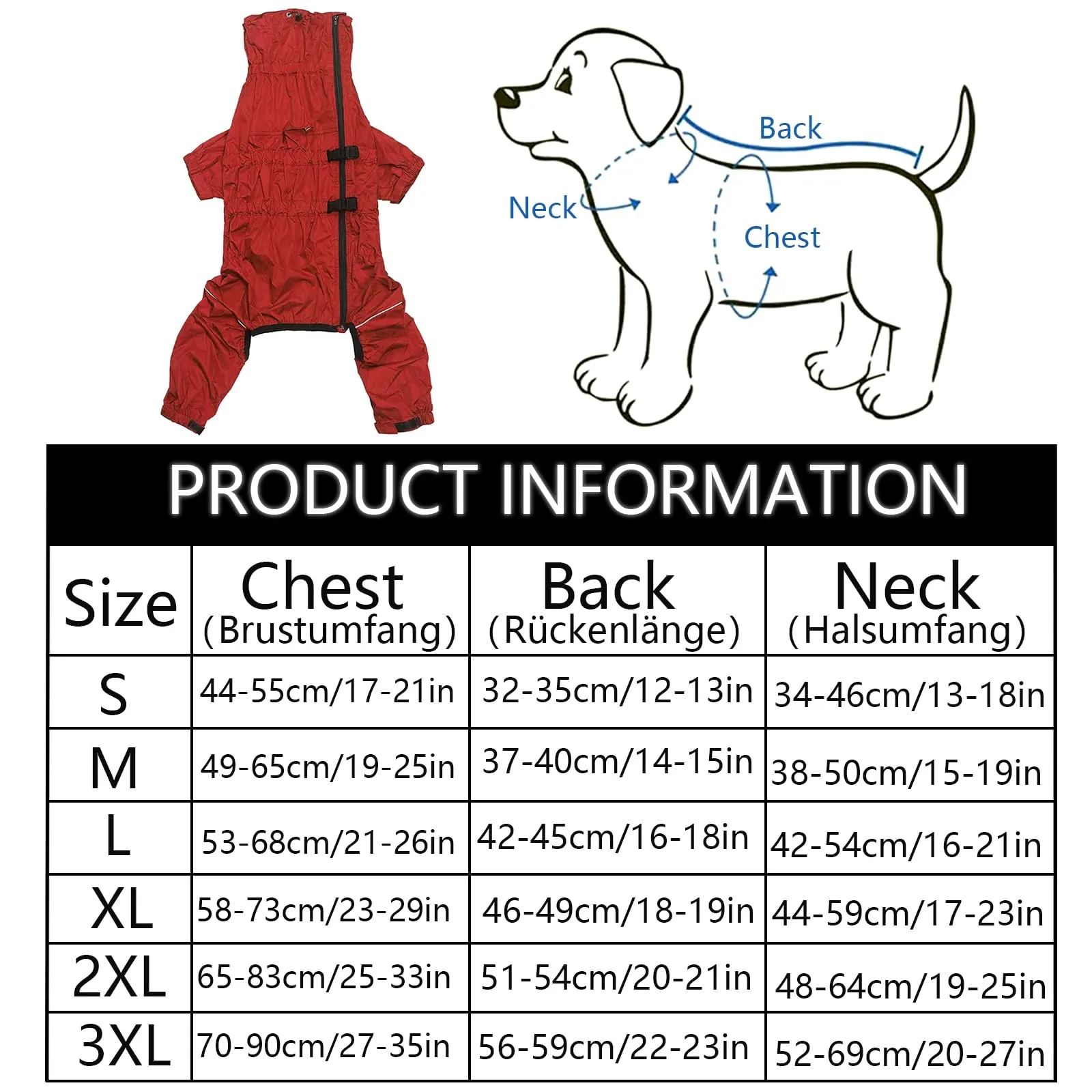 Geyecete - 1/2 zampe pantaloni tuta impermeabile per cani, 4 gambe riflettente pioggia impermeabile Gear per cani, Con cerniera e fibbia, per cuccioli piccolo e medio-Rosso-M - immagine 7