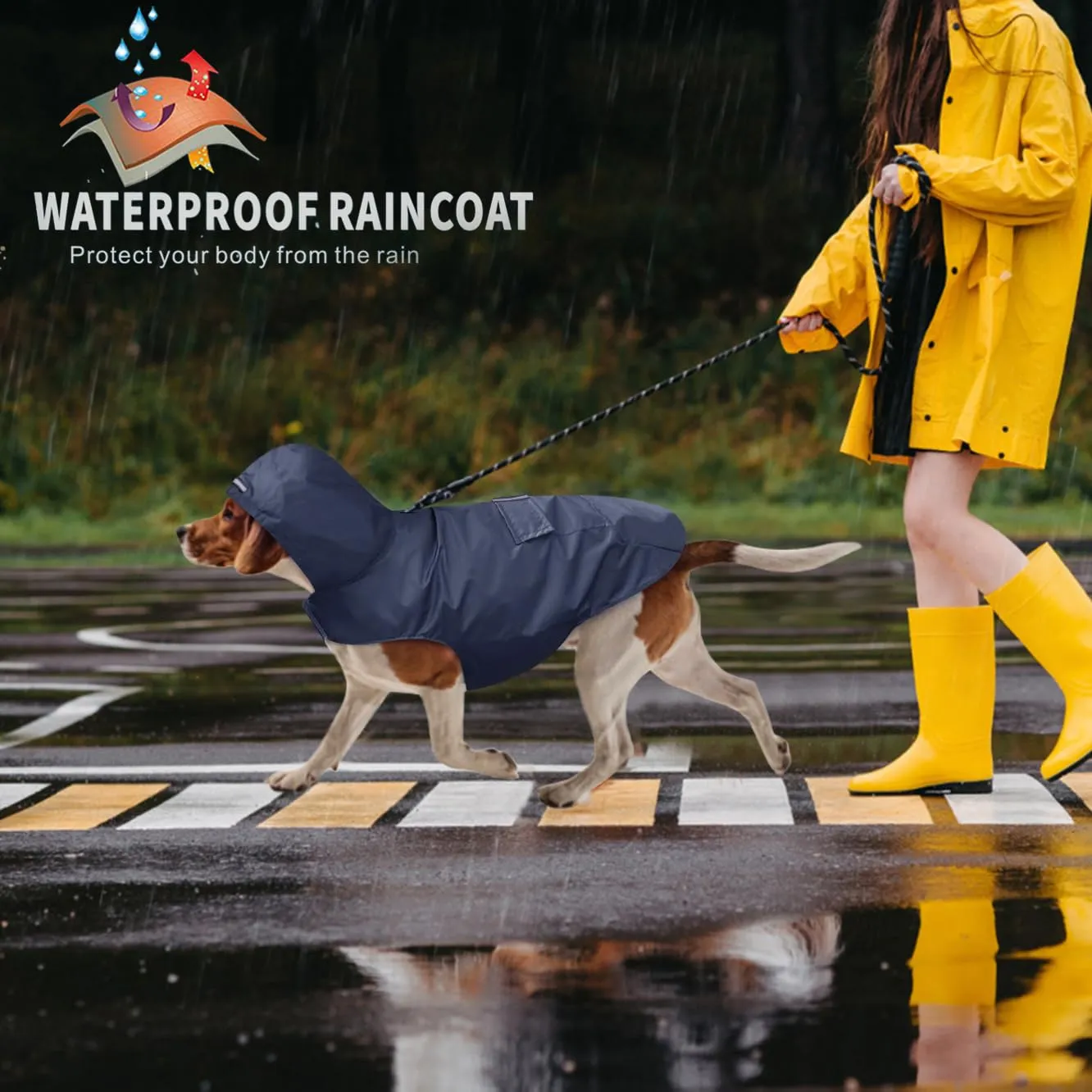 Idepet - Mantella per cani con cappuccio e foro per il collare, impermeabile e riflettente, per cani di piccola, media e grande taglia Blu Marino - immagine 3