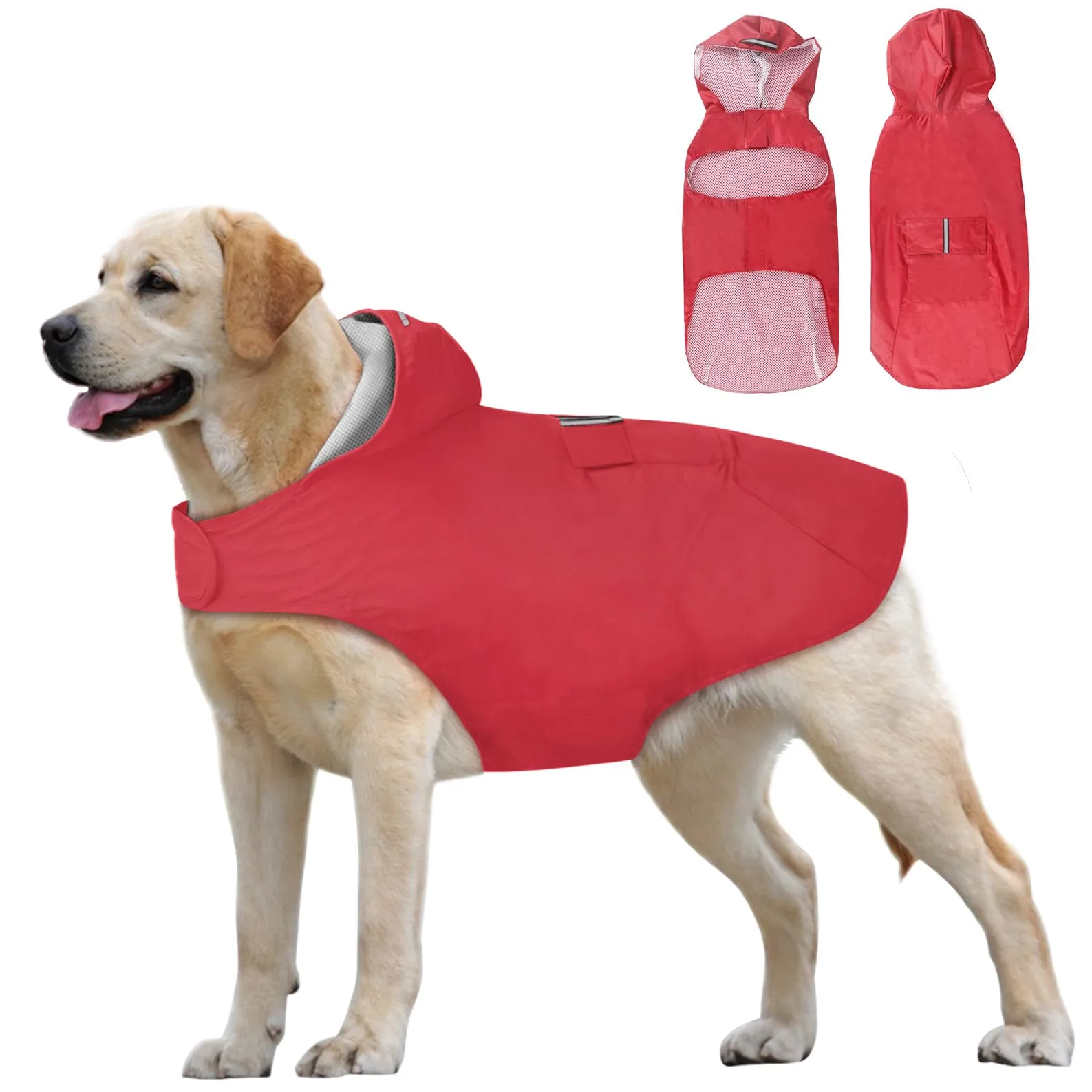 Idepet - Mantella per cani con cappuccio e foro per il collare, impermeabile e riflettente, per cani di piccola, media e grande taglia Rosso - immagine 1