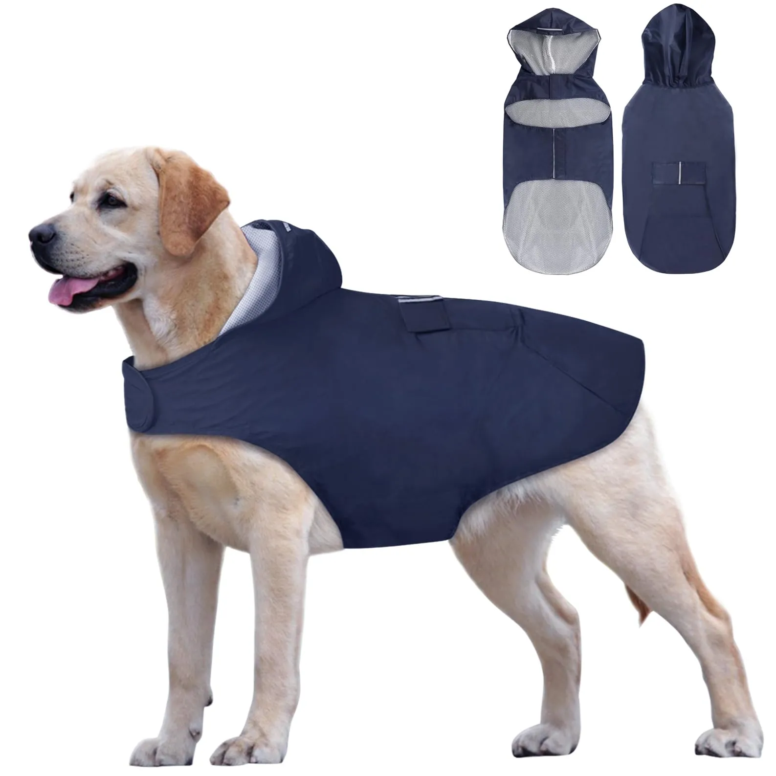 Idepet - Mantella per cani con cappuccio e foro per il collare, impermeabile e riflettente, per cani di piccola, media e grande taglia Blu Marino - immagine 1