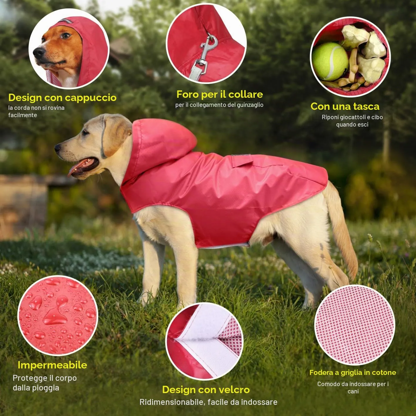 Idepet - Mantella per cani con cappuccio e foro per il collare, impermeabile e riflettente, per cani di piccola, media e grande taglia Rosso - immagine 3