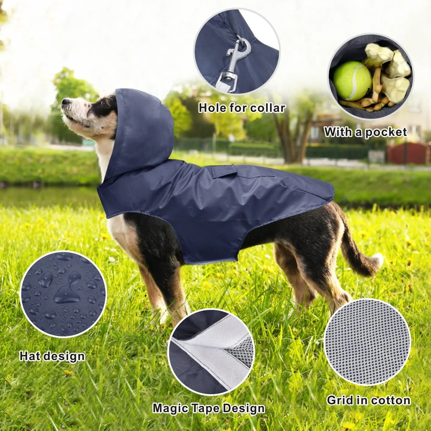 Idepet - Mantella per cani con cappuccio e foro per il collare, impermeabile e riflettente, per cani di piccola, media e grande taglia Blu Marino - immagine 5