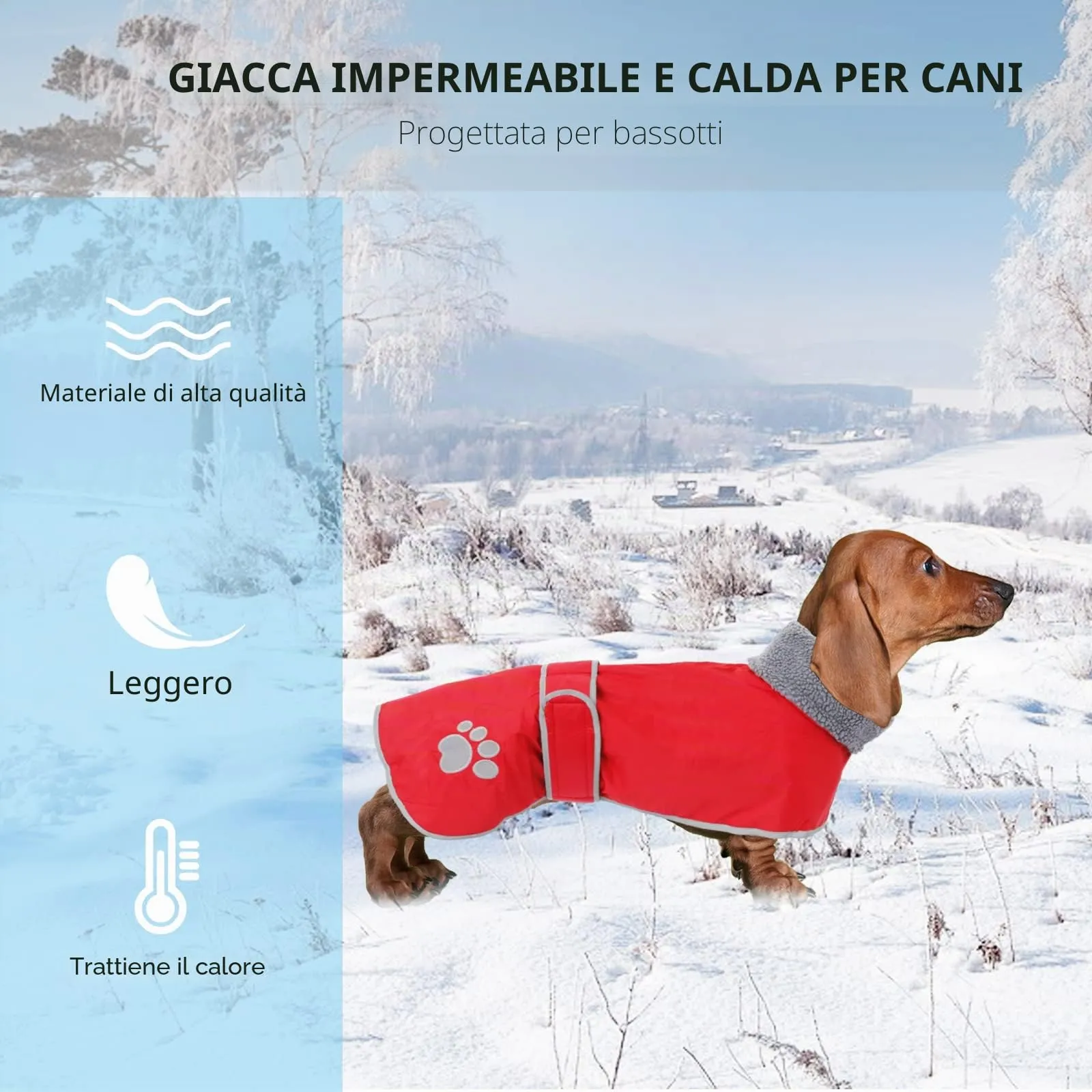 Geyecete -Invernale Cappotto per cane bassotti, con fodera in pile polare,impermeabile abbigliamento da esterni con Foro per Imbracatura,Giacca per cani piccola y media-Rosso-M - immagine 6