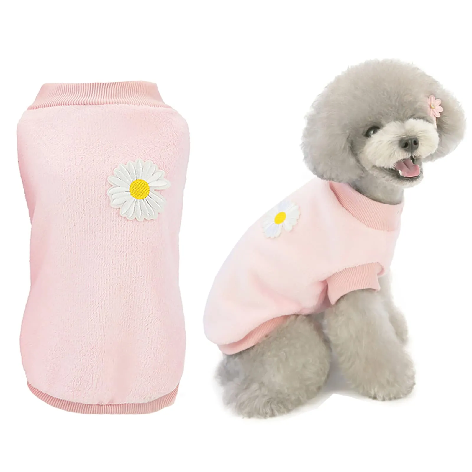 Izefia Maglione per cani in pile di lana invernale calda felpa con fiori pigiama maglione in pile per cani di taglia piccola e gatto medio, rosa, L - immagine 1