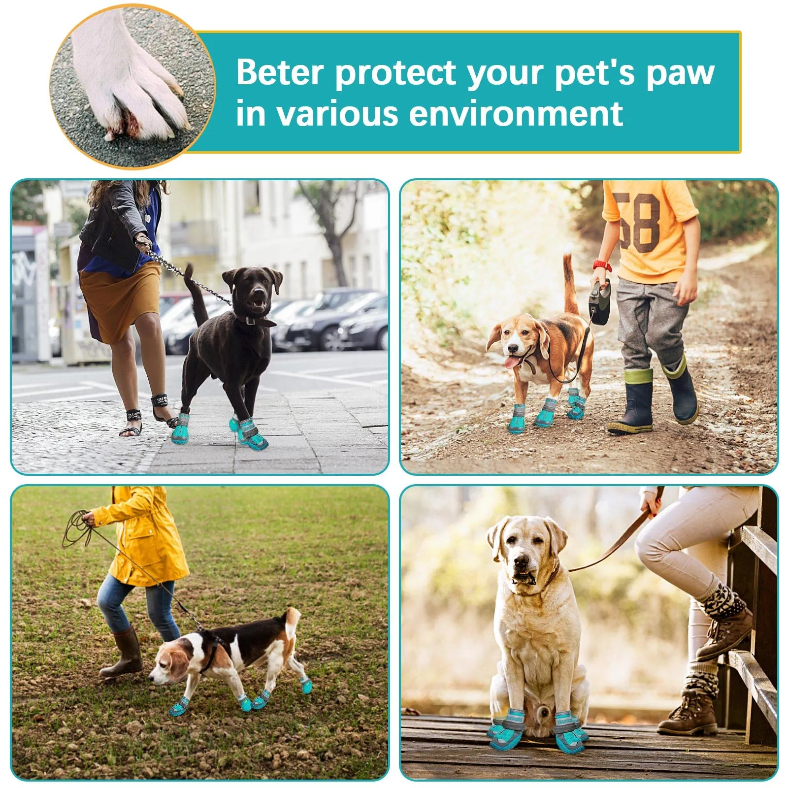 Stivali per Cani, 4pcs Scarpe per Cani Traspirante Antiscivolo con Cinghie Regolabili Riflettenti per Cani Piccola Taglia Media - immagine 8