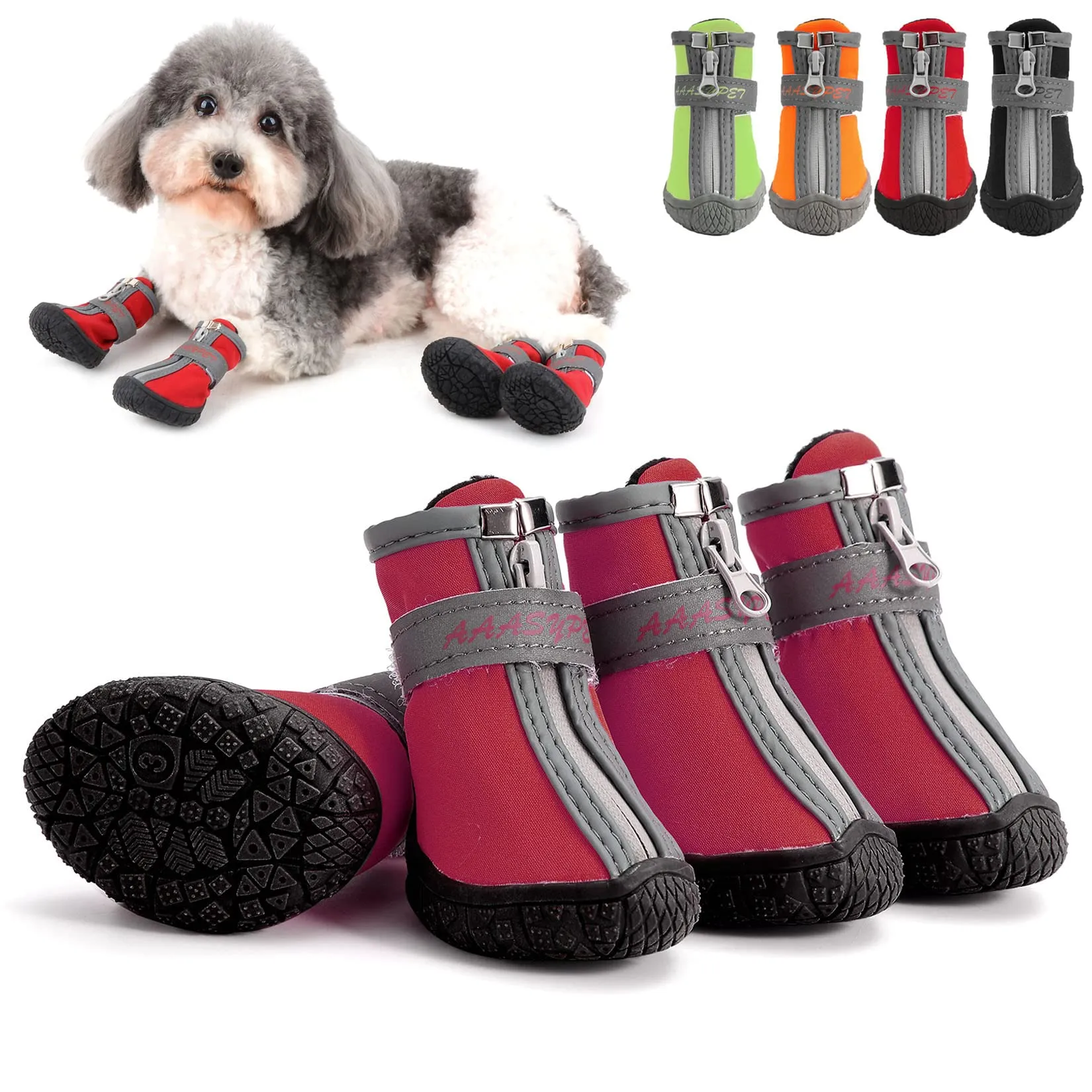 Zunea Stivali per Cani di Piccola Taglia Impermeabili Protezione per Zampe Scarpe Antiscivolo Cuccioli Regolabili Riflettenti Stivali Morbidi Animali Domestici Cani Chihuahua Stivali Rosso 3# - immagine 1