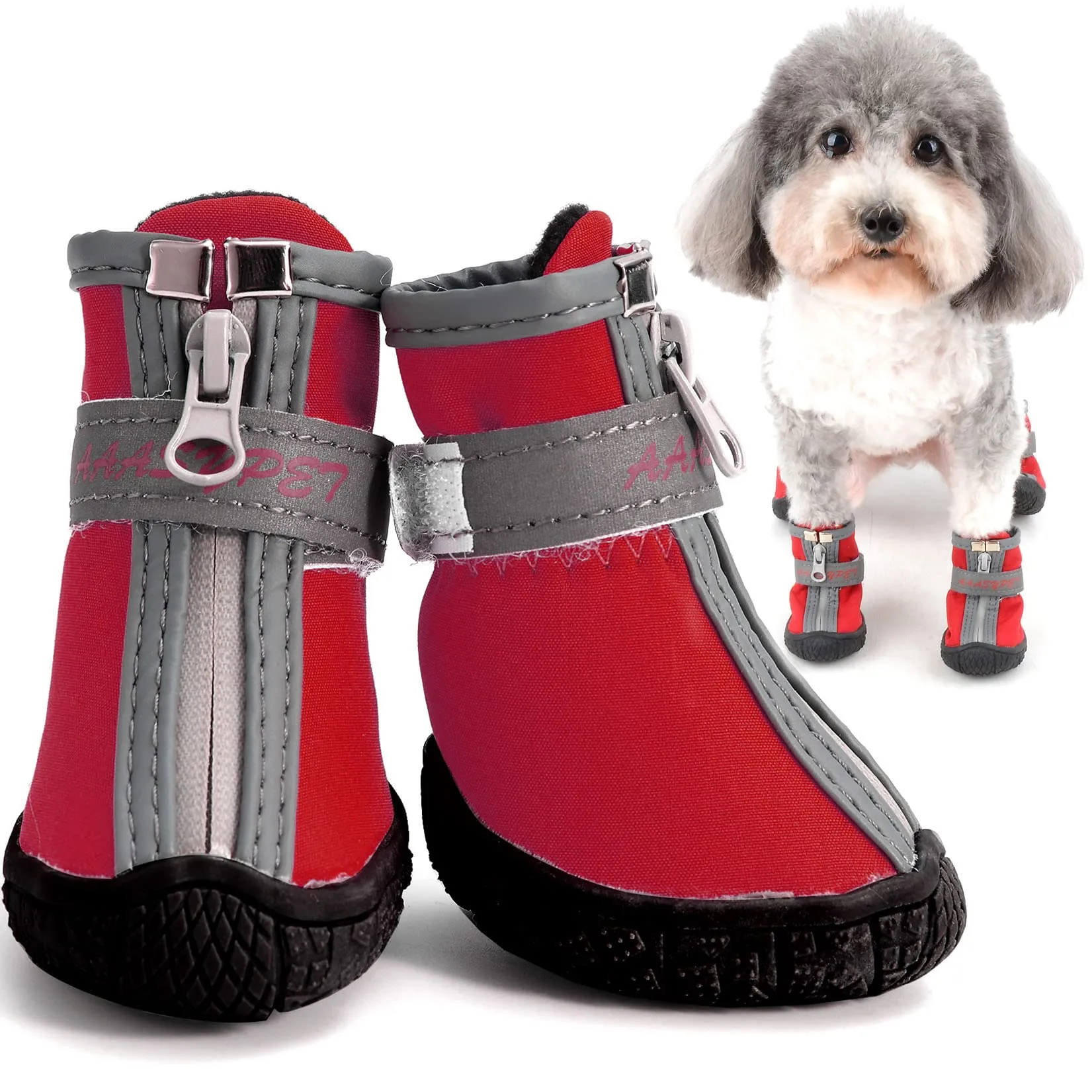 Zunea Stivali per Cani di Piccola Taglia Impermeabili Protezione per Zampe Scarpe Antiscivolo Cuccioli Regolabili Riflettenti Stivali Morbidi Animali Domestici Cani Chihuahua Stivali Rosso 5# - immagine 7