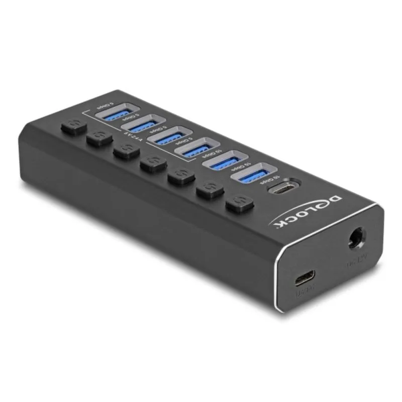 Hub DeLock 7 porte USB 10 Gbps modello 64326 in metallo con alimentazione AC - immagine 1