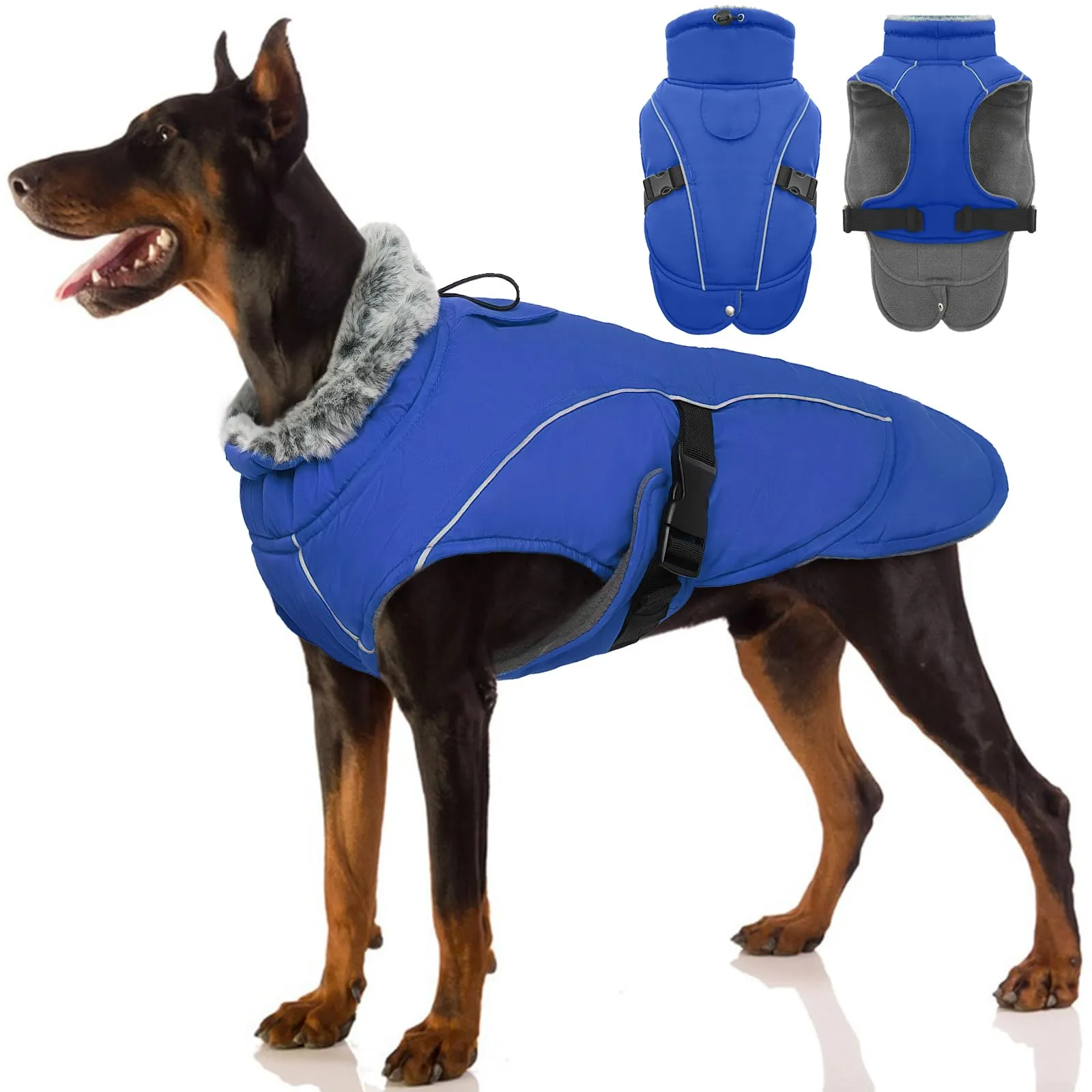 Giacca Impermeabile per Cani, Cappotto Caldo Invernale Antivento con Neve e Gilet in Pile Regolabile (Blu, XL) - immagine 1