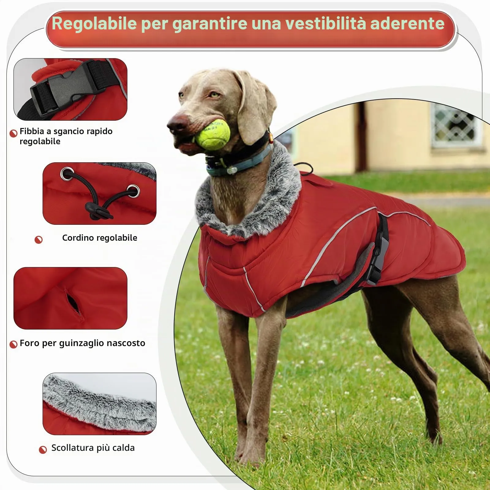Cappotto Invernale per Cani Grandi, Giacca Impermeabile Neve, Gilet in Pile Caldo Antivento per Esterno XXL (Rosso, 2XL) - immagine 3