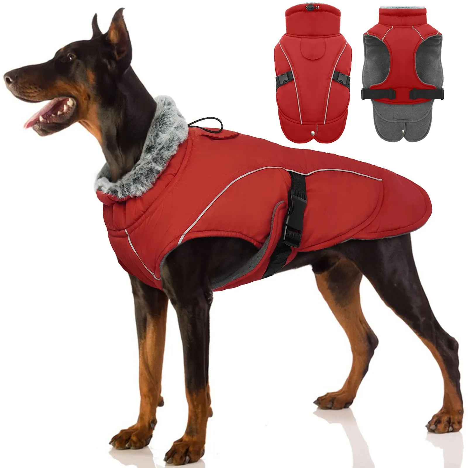 Giacca in caldo pile per cani, foderata in pile, impermeabile, per cani di taglia grande, antivento, per escursionismo, giacca invernale regolabile con strisce riflettenti (rosso, XL) - immagine 1