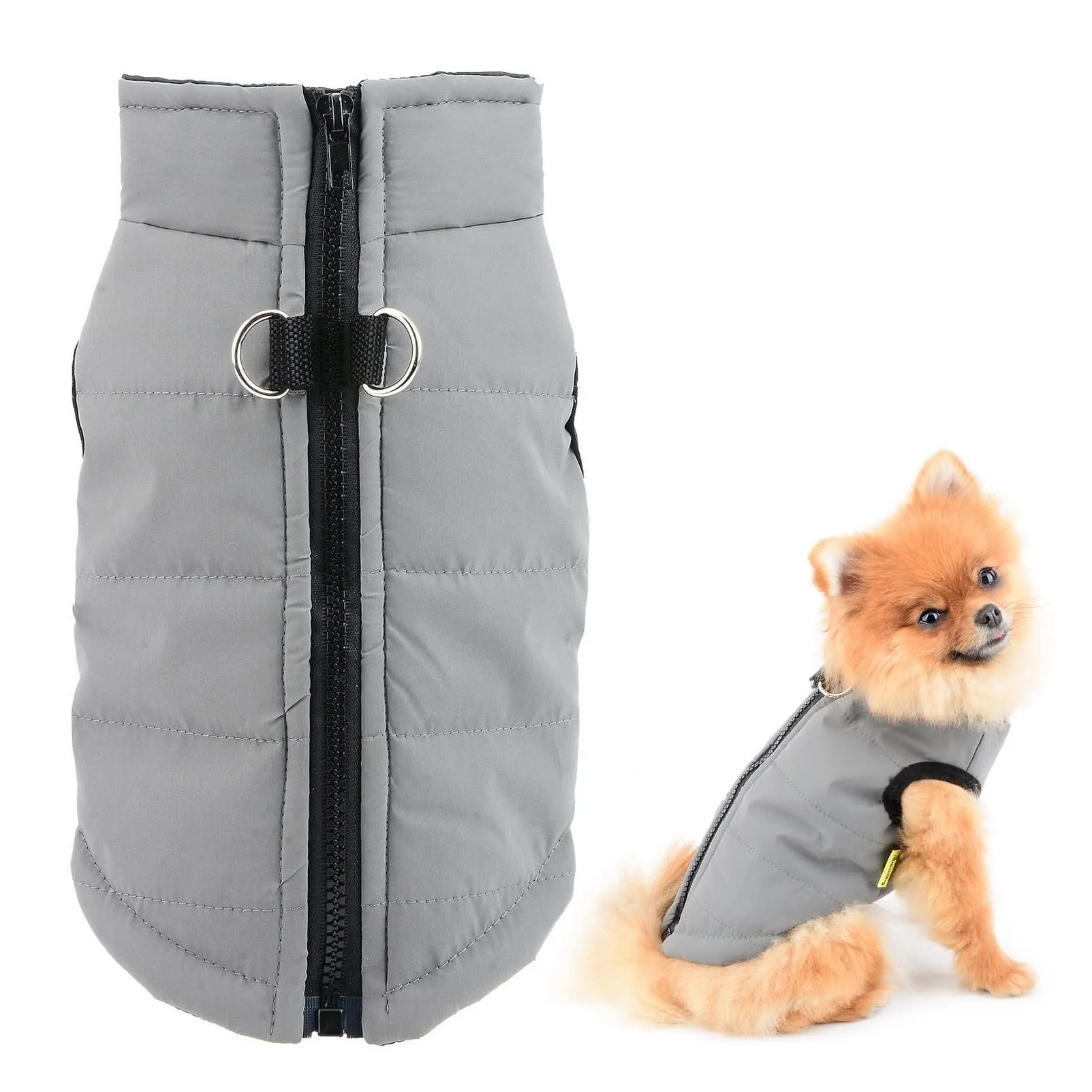 SMALLLEE_LUCKY_STORE Giacca invernale impermeabile per animali domestici con anello a D per cani di piccola taglia e gatti,cerniera cuccioli di chihuahua Yorkie gattino vestiti caldi, grigio, XS - immagine 1
