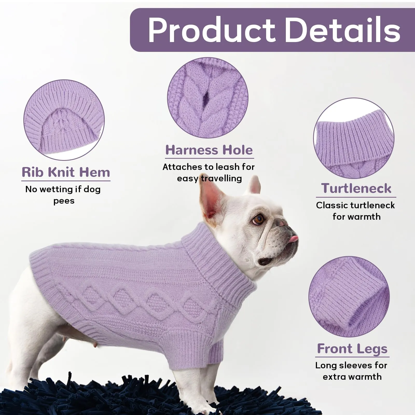 Hjumarayan Maglione Cane - Maglioncino Cane Taglia Media Maglioncino per Cani Semplice & Elegante Maglioncini per Cani con Foro per Guinzaglio, Maglia Termica Cane per Bulldog Francese (Viola M) - immagine 3