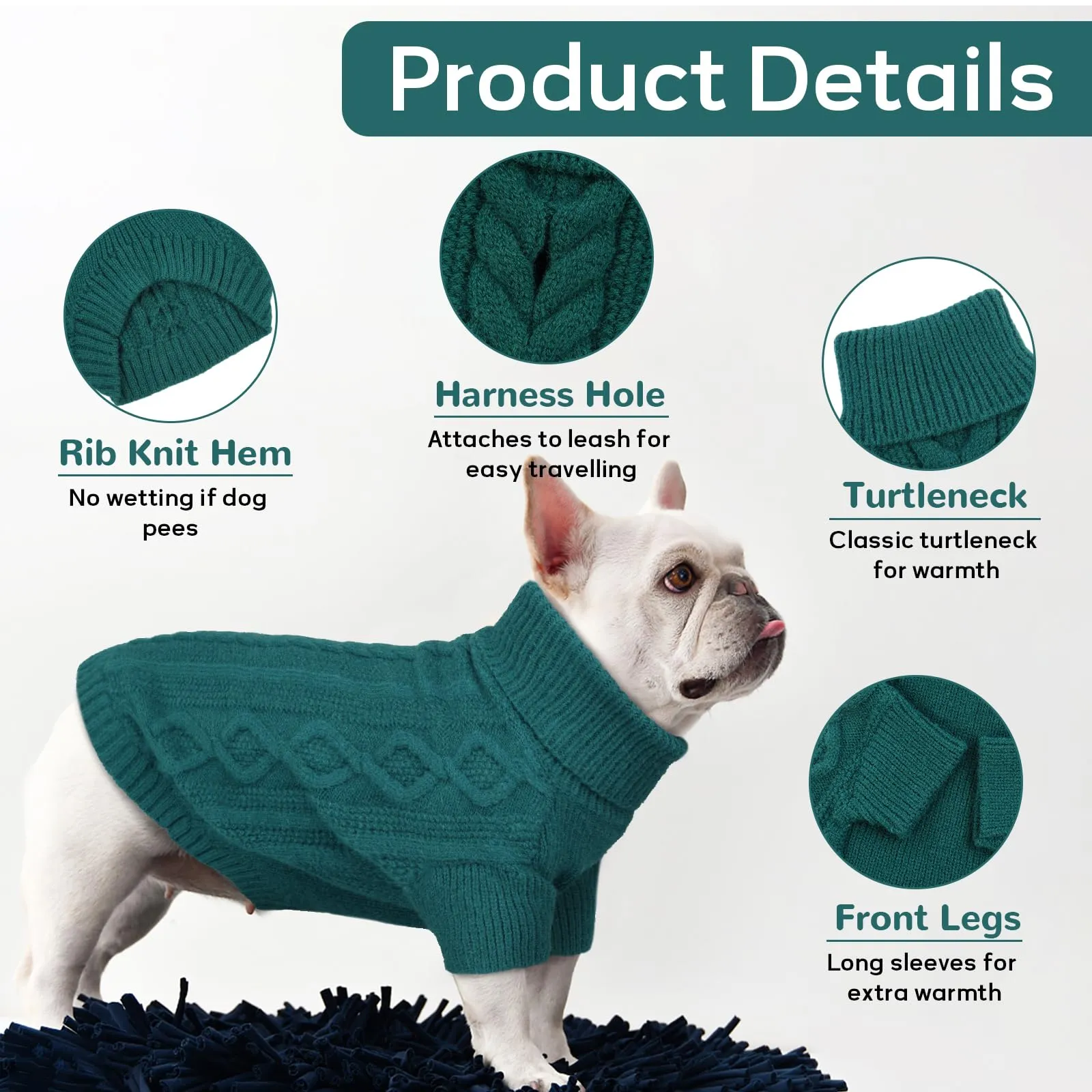 Hjumarayan Maglione per cani, semplice ed elegante, per cani di taglia media, con foro per cani, bella felpa per cani con gambe per bulldog francese (verde pavone M) - immagine 3