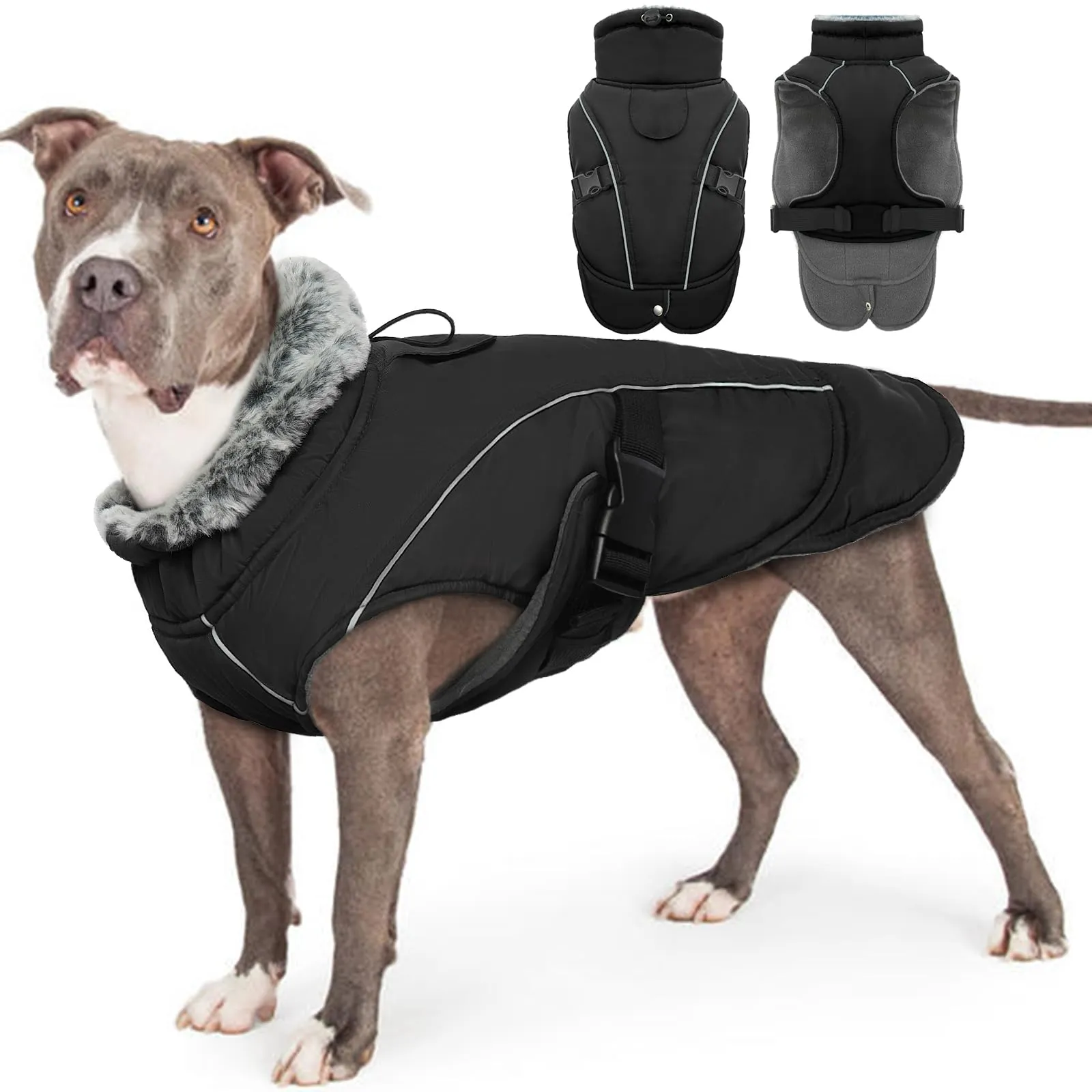 PUMYPOREITY Cappotto Invernale per Cani, Giacca Impermeabile e Calda con Colletto in Pelliccia, Tuta da Sci per Cani con Strisce Riflettenti e Foro per Guinzaglio, Nero, XXL - immagine 1