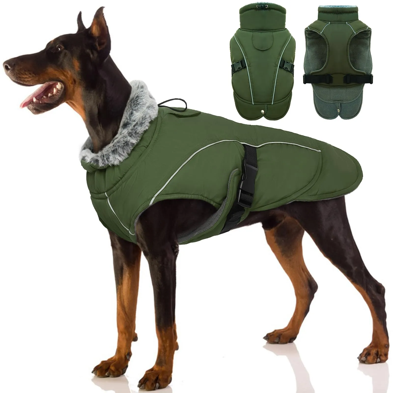 PUMYPOREITY Giacca Invernale Impermeabile Cani, Giubbotto Antivento Calda Cuccioli Riflettente Cappottino con Fodera in Pile Vestito Invernale Gilet Riflettente per Cani(Verde Militare, L) - immagine 1