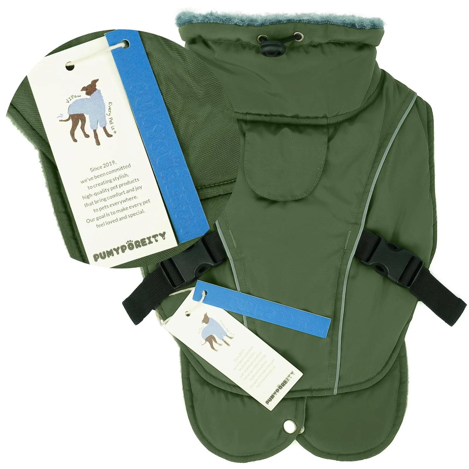 PUMYPOREITY Giacca Invernale Impermeabile Cani, Giubbotto Antivento Calda Cuccioli Riflettente Cappottino con Fodera in Pile Vestito Invernale Gilet Riflettente per Cani(Verde Militare, L) - immagine 7