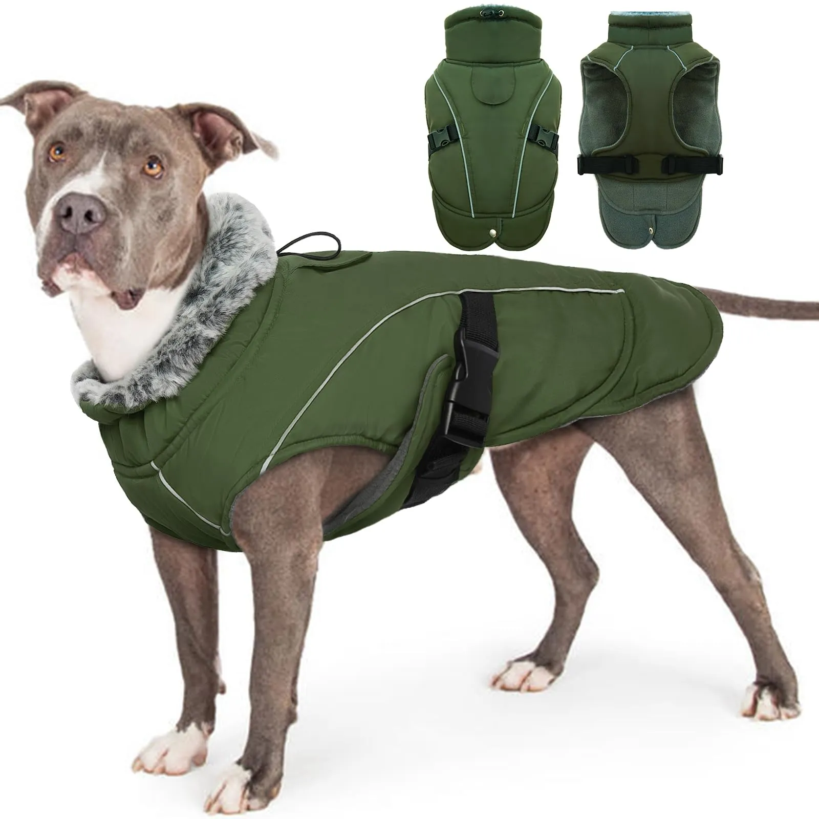 PUMYPOREITY Giacca Invernale Impermeabile Cani, Giubbotto Antivento Calda Cuccioli Riflettente Cappottino con Fodera in Pile Vestito Invernale Gilet Riflettente per Cani(Verde Militare, 2XL) - immagine 1