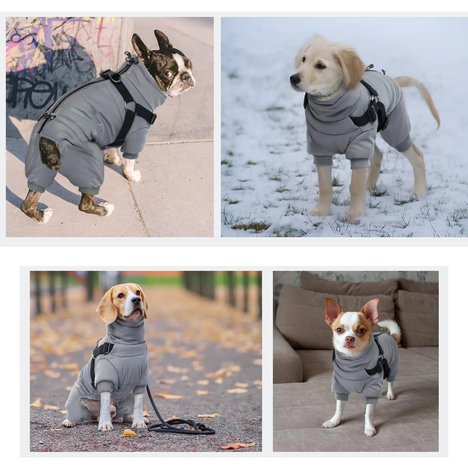 PUMYPOREITY Cappotto Invernale con Pettorina,Giubbotto Cani Fela Cuccioli Cappotto Neve Cani Piccoli Giacca Impermeabile per Cani Vestito Gilet Antivento Cuccioli con Anelli a D&Cerniera(Grigio,M) - immagine 6