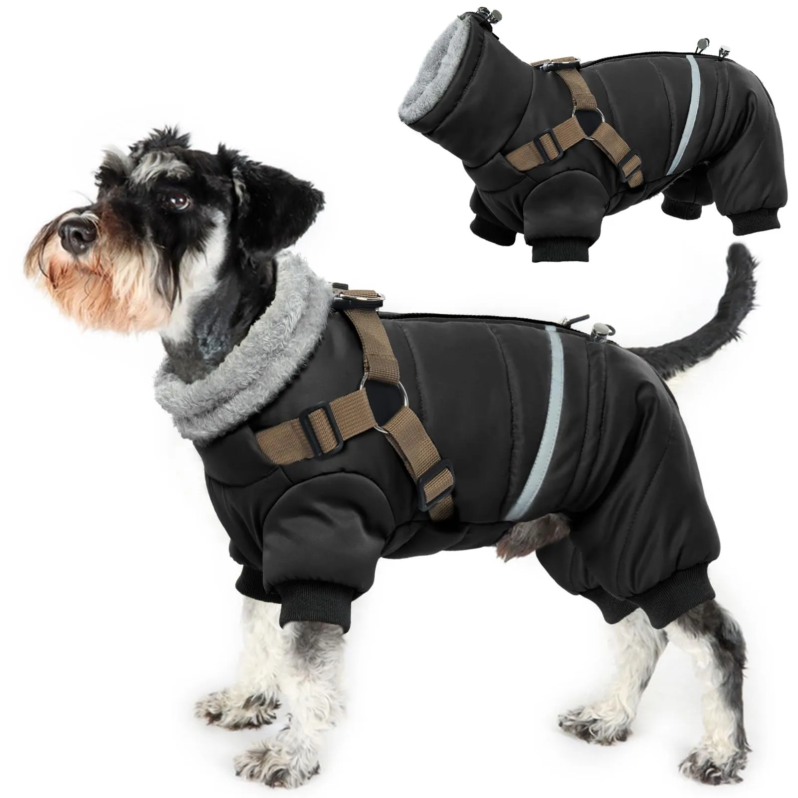 Accogliente piumino per cani in pile con gambe, isolante, caldo, invernale, antivento, per il freddo, con imbracatura integrata, comodo per attaccare i guinzagli (nero, L) - immagine 1