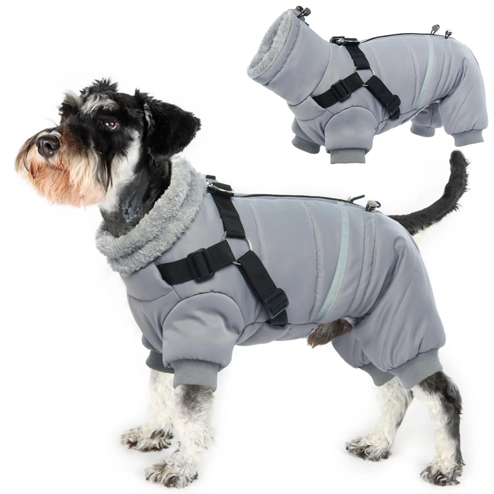 PUMYPOREITY Cappotto Invernale con Pettorina,Giubbotto Cani Fela Cuccioli Cappotto Neve Cani Piccoli Giacca Impermeabile per Cani Vestito Gilet Antivento Cuccioli con Anelli a D & Cerniera(Grigio,L) - immagine 1