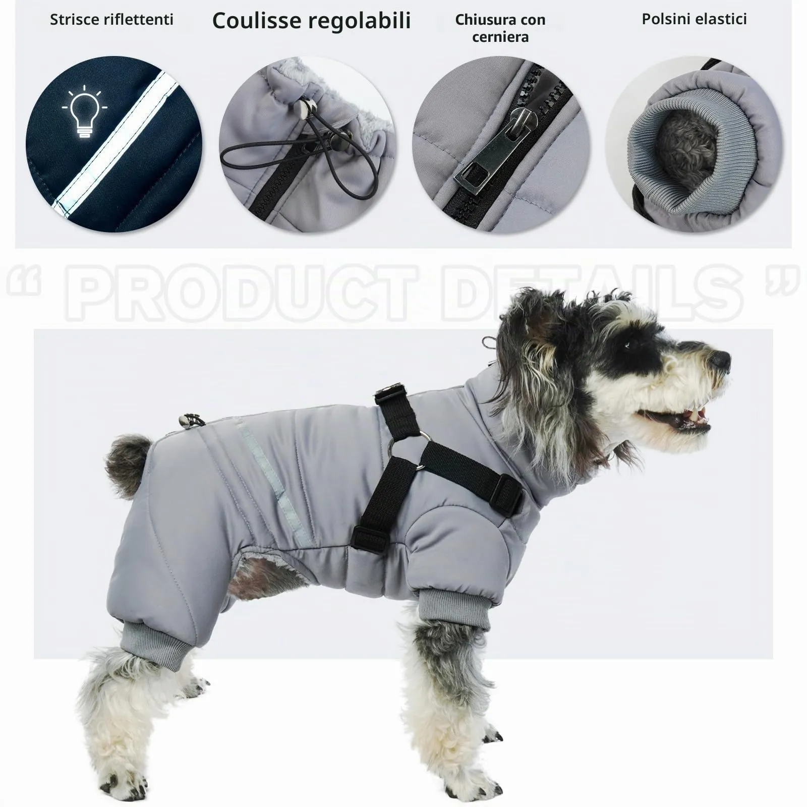 PUMYPOREITY Cappotto Invernale con Pettorina,Giubbotto Cani Fela Cuccioli Cappotto Neve Cani Piccoli Giacca Impermeabile per Cani Vestito Gilet Antivento Cuccioli con Anelli a D & Cerniera(Grigio,L) - immagine 5
