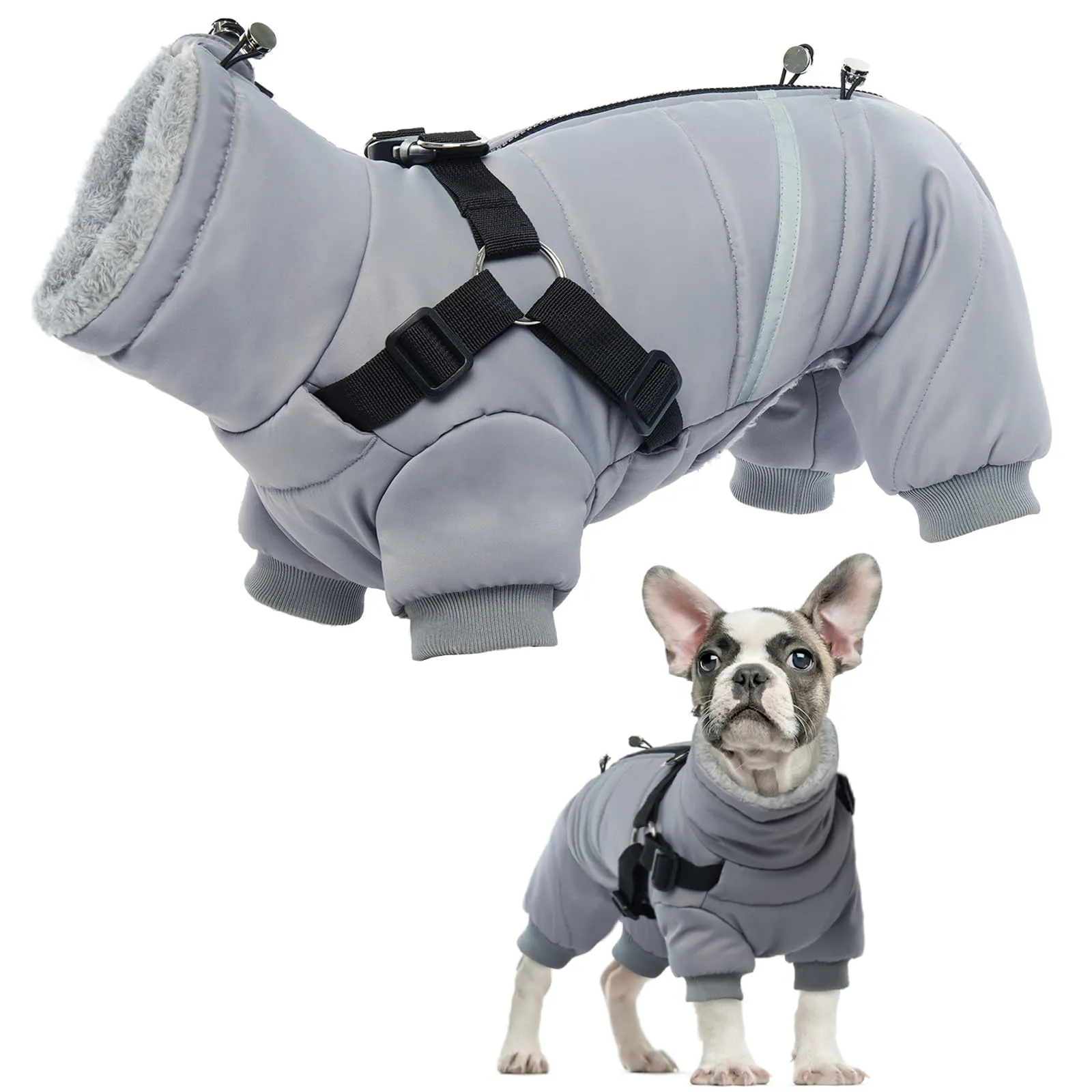 PUMYPOREITY Giacca con Imbracatura Cani, Cappottino Impermeabile per Cani Regolabile Piumino Cani Antivento Riflettente Cappotto Fleece Invernale per Cani di Taglia Piccola Media(Grigio, S) - immagine 1