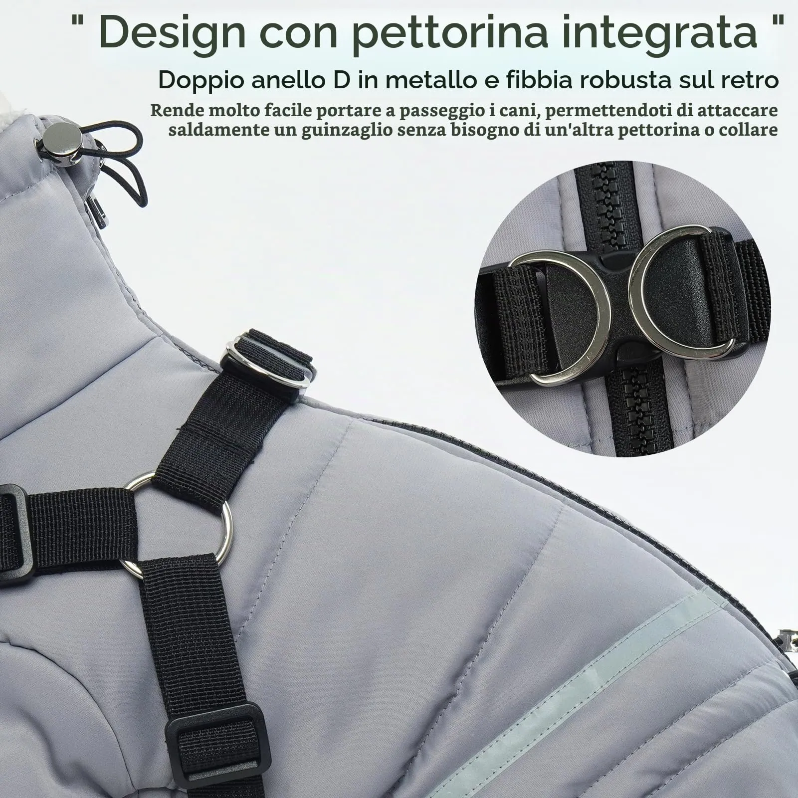 PUMYPOREITY Giacca con Imbracatura Cani, Cappottino Impermeabile per Cani Regolabile Piumino Cani Antivento Riflettente Cappotto Fleece Invernale per Cani di Taglia Piccola Media(Grigio, S) - immagine 3