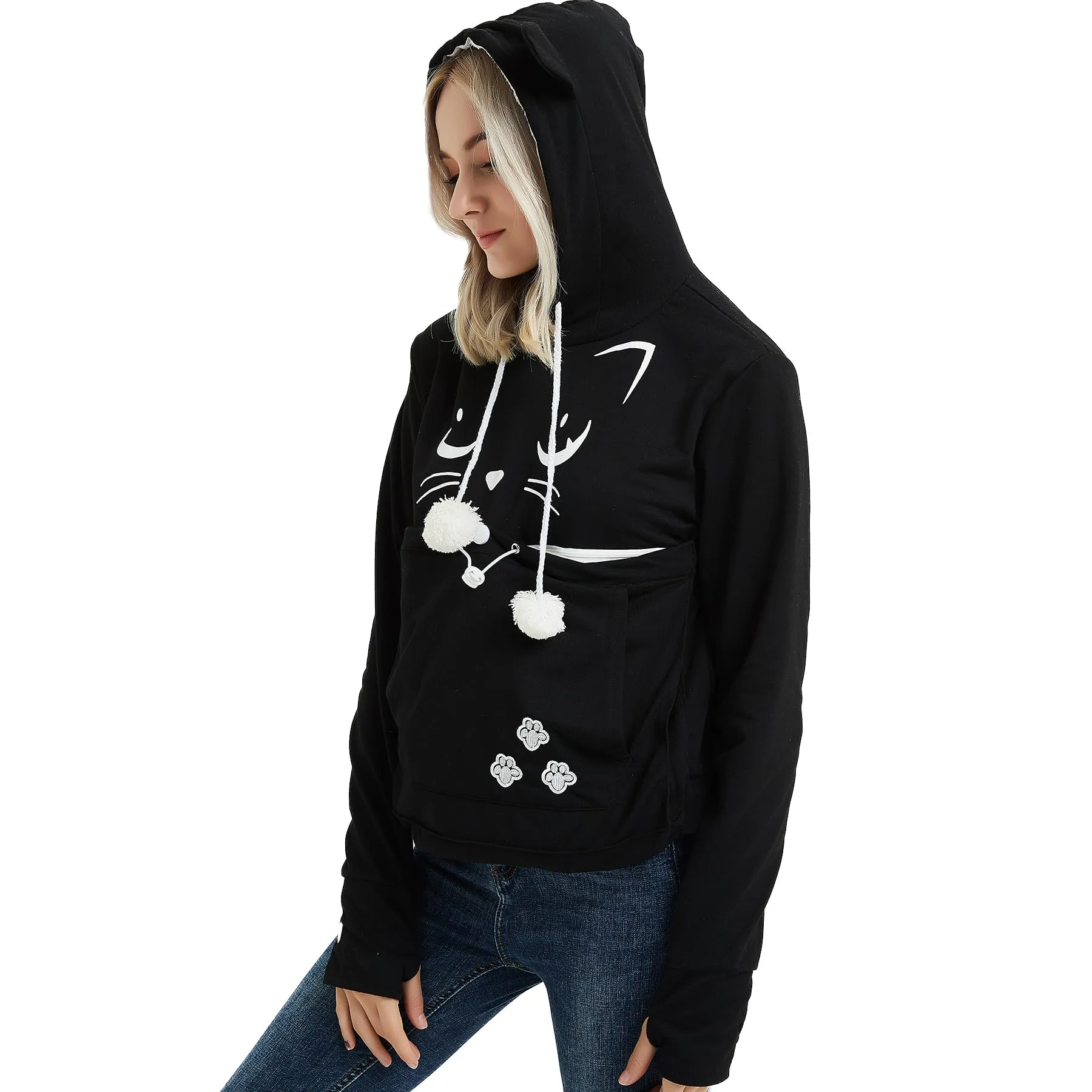 AMOYUN Donna Felpa con Tasca Moda con Cappuccio Sweatshirt Porta Gatti Cani E Animali Hoody Moda Felpe Casual Carrier Top Canguro Animale Domestico Cane Gatto Marsupio Grande Cappotto - immagine 4