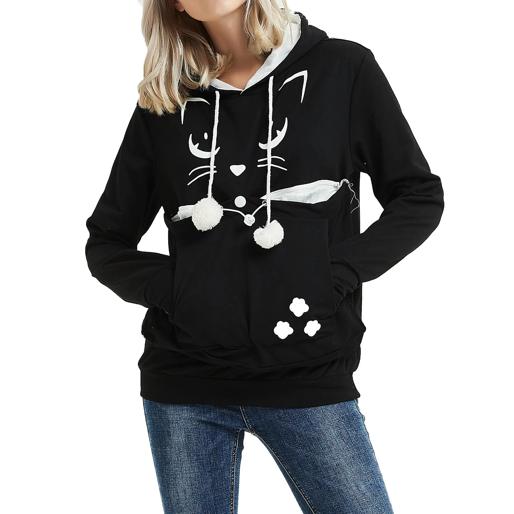 AMOYUN Donna Felpa con Tasca Moda Cappuccio Sweatshirt Porta Gatti Cani E Animali Hoody Moda Felpe Casual Carrier Top Canguro Animale Domestico Cane Gatto Marsupio Grande Felpa Cappotto - immagine 1