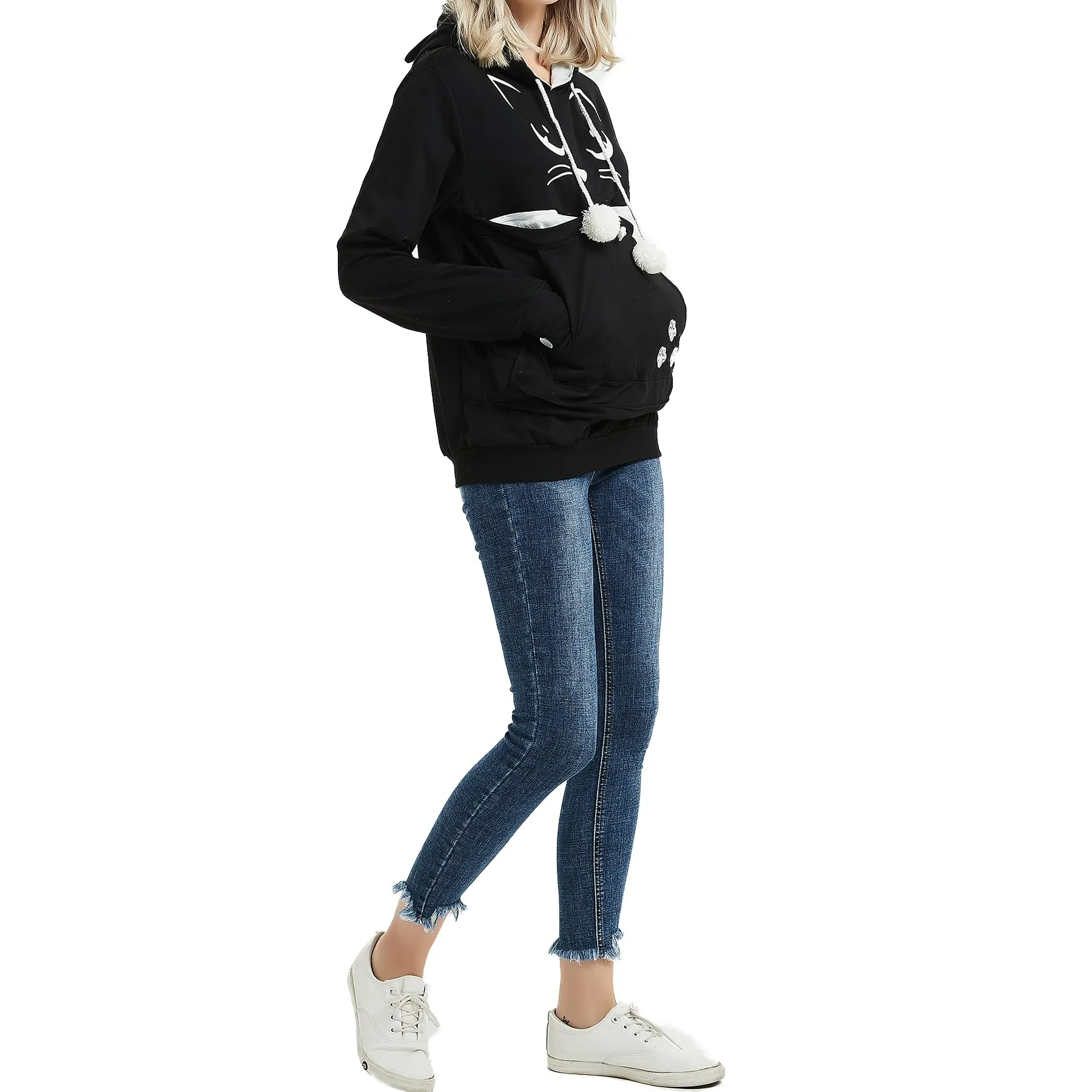 AMOYUN Donna Felpa con Tasca Moda Cappuccio Sweatshirt Porta Gatti Cani E Animali Hoody Moda Felpe Casual Carrier Top Canguro Animale Domestico Cane Gatto Marsupio Grande Cappotto - immagine 2