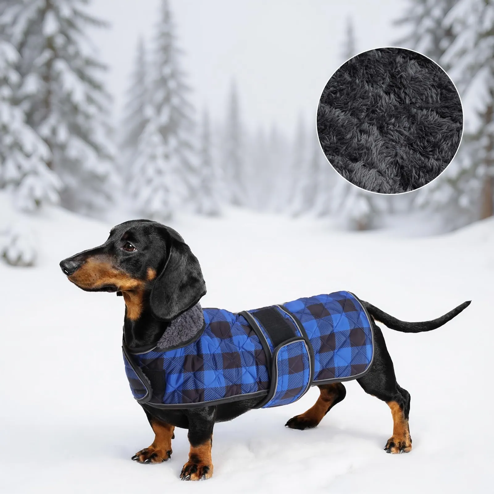 Geyecete Cappotto termico trapuntato caldo e impermeabile per bassotti con fodera interna in caldo pile, abbigliamento esterno per cani con fasce regolabili per cani - Blu - XS - immagine 7
