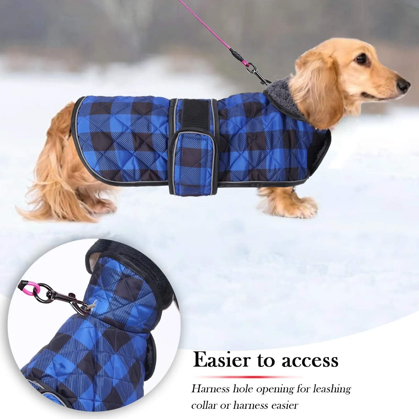 Geyecete - Cappotto impermeabile termico caldo trapuntato per cani bassotti con interno in caldo pile, abbigliamento da esterno per cani con fasce regolabili - Blu - Taglia M - immagine 3