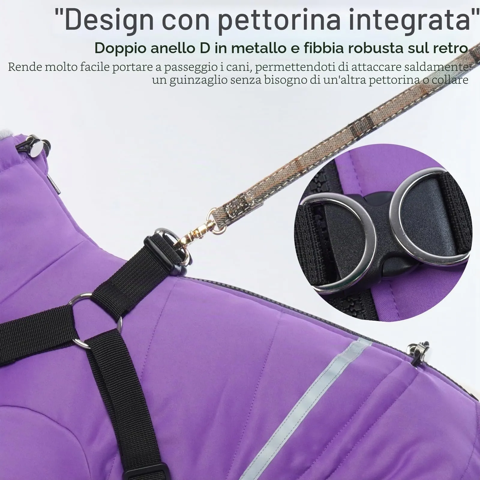 Cappotto invernale per cani, impermeabile, per cuccioli, piumino per cani, per la stagione fredda, per chihuahua, caldo, con imbracatura, antivento, in morbido pile (viola, S) - immagine 3