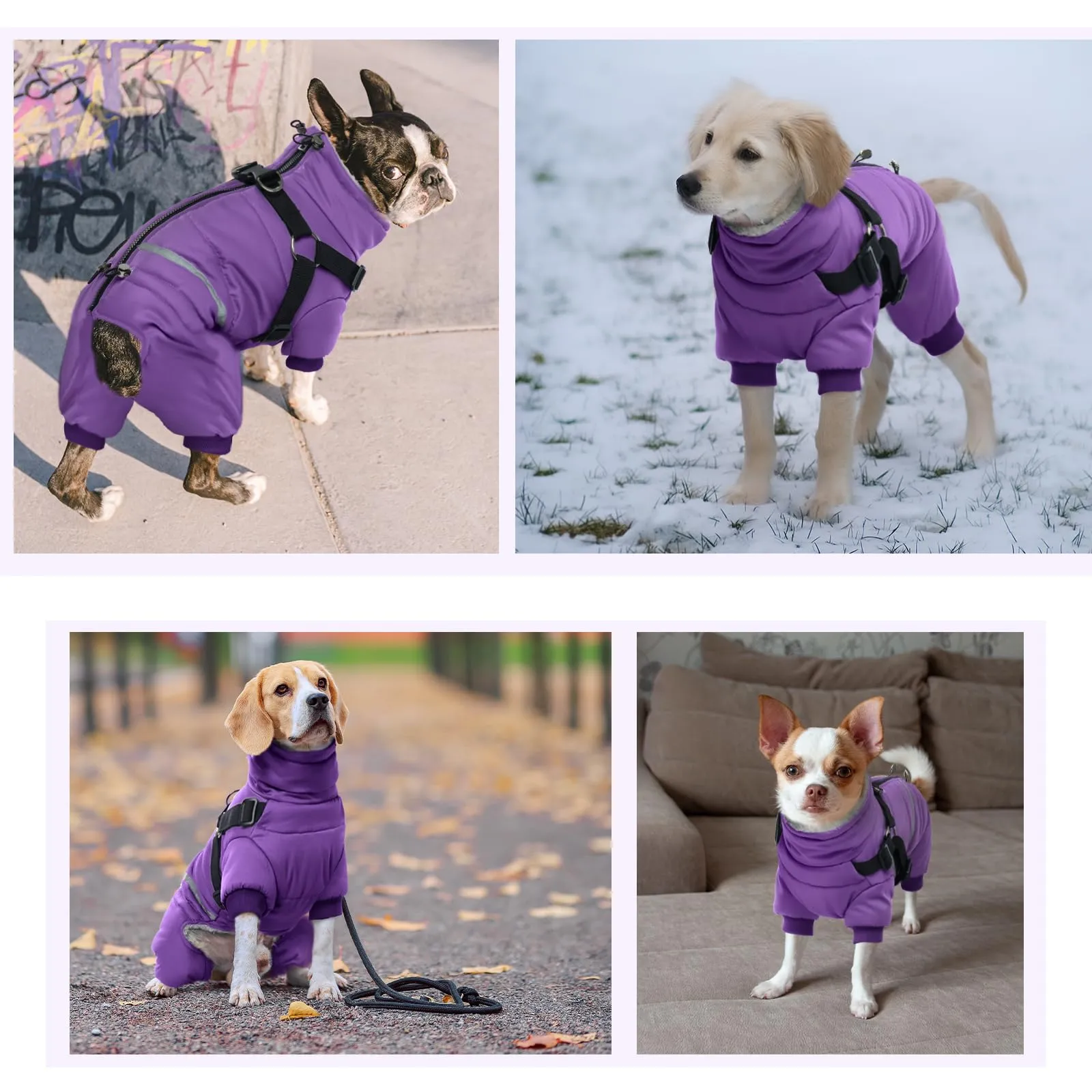 Cappotto invernale per cani, impermeabile, per cuccioli, piumino per cani, per la stagione fredda, per chihuahua, caldo, con imbracatura, antivento, in morbido pile (viola, S) - immagine 6