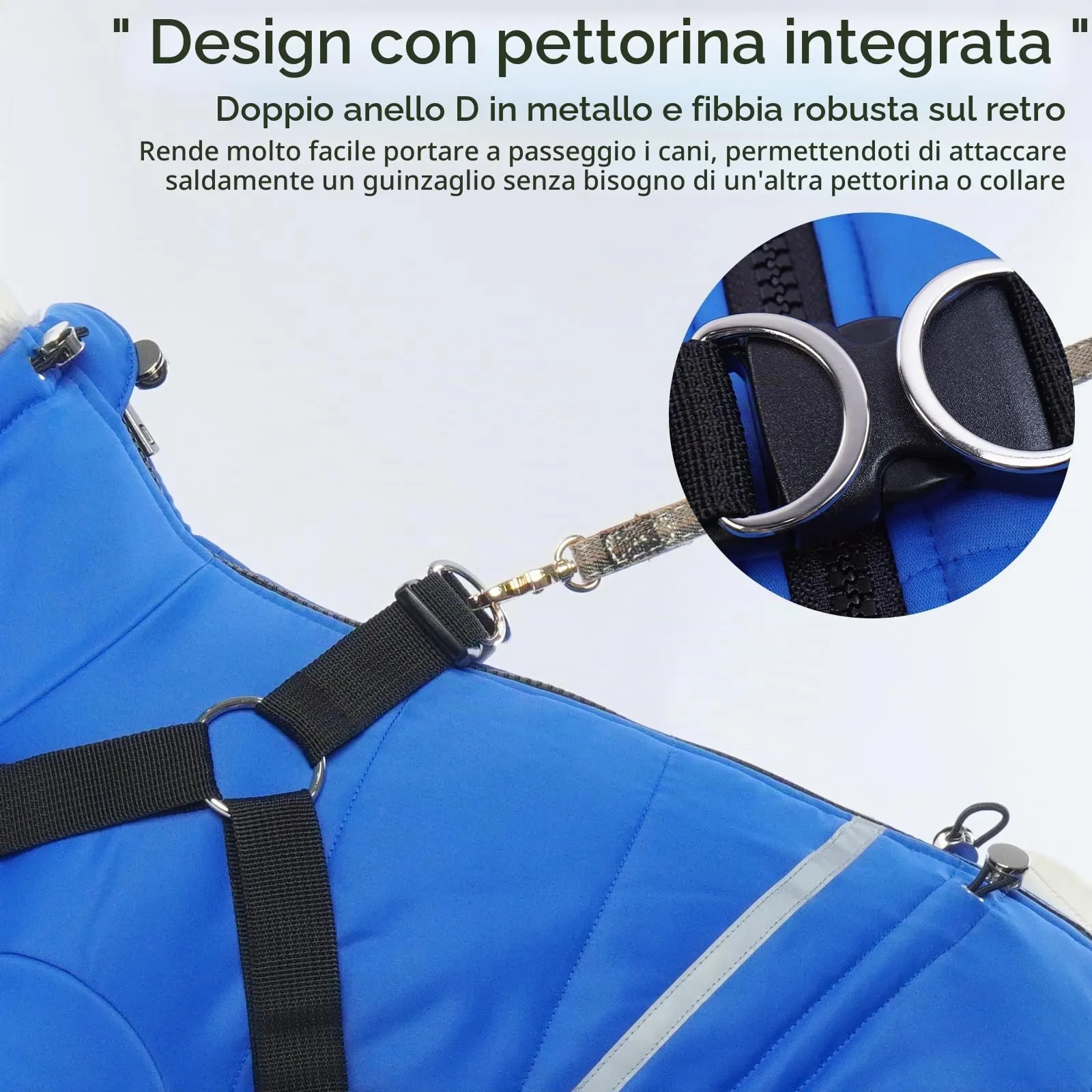 Giacca con Imbracatura Cani, Cappottino Impermeabile per Cani Piumino Cani Antivento Riflettente Cappotto Fleece Invernale per Cani(Blu, L) - immagine 3