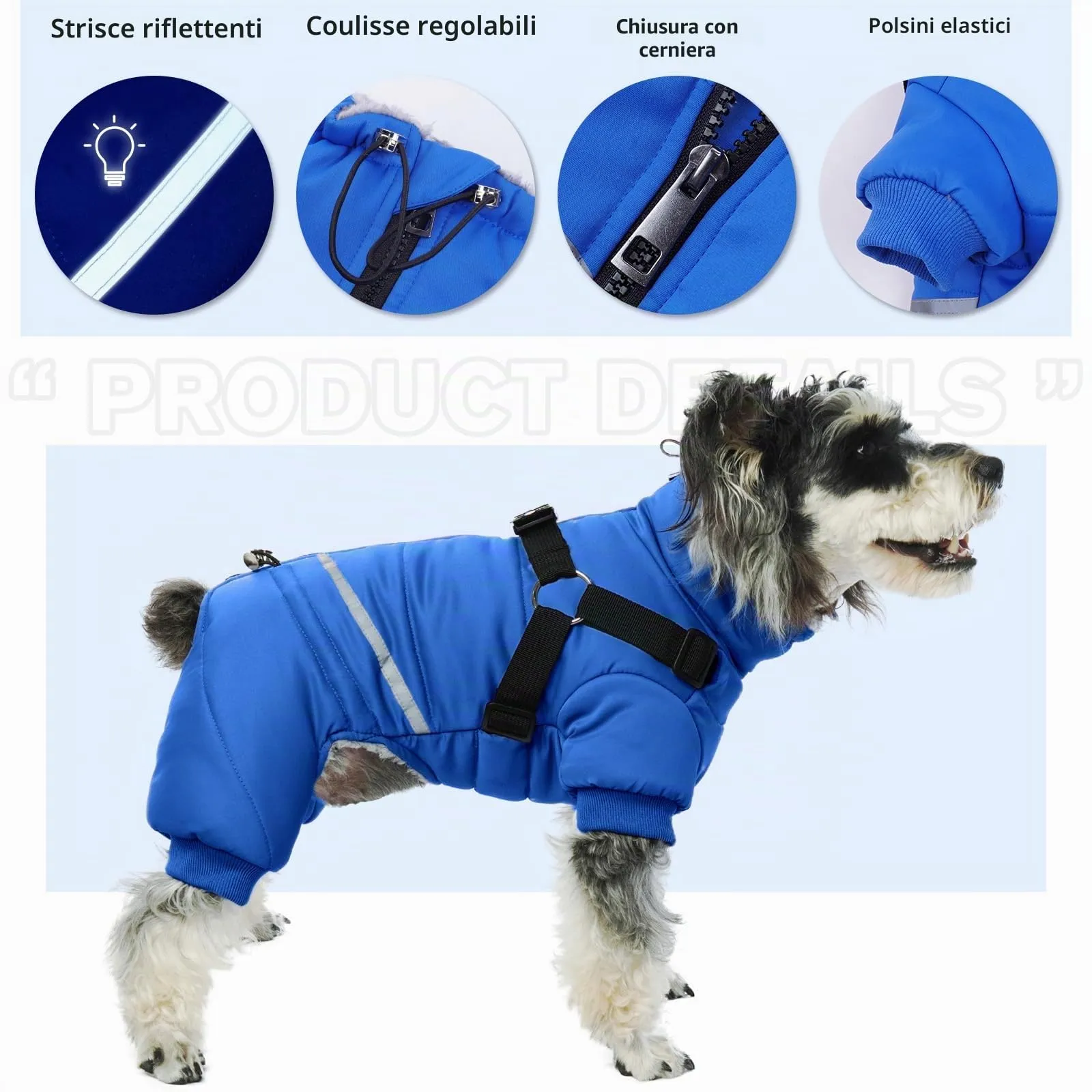 Giacca con Imbracatura Cani, Cappottino Impermeabile per Cani Piumino Cani Antivento Riflettente Cappotto Fleece Invernale per Cani(Blu, L) - immagine 5