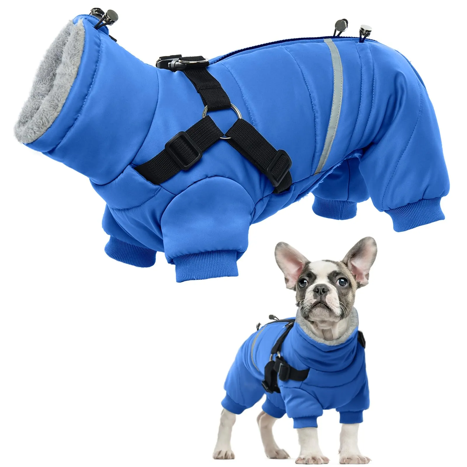 Cappotto Cani con Imbracatura, Impermeabile Taglia Piccola e Media, Giubbino in Pile Caldo per Bulldog Francese (Blu, S) - immagine 1