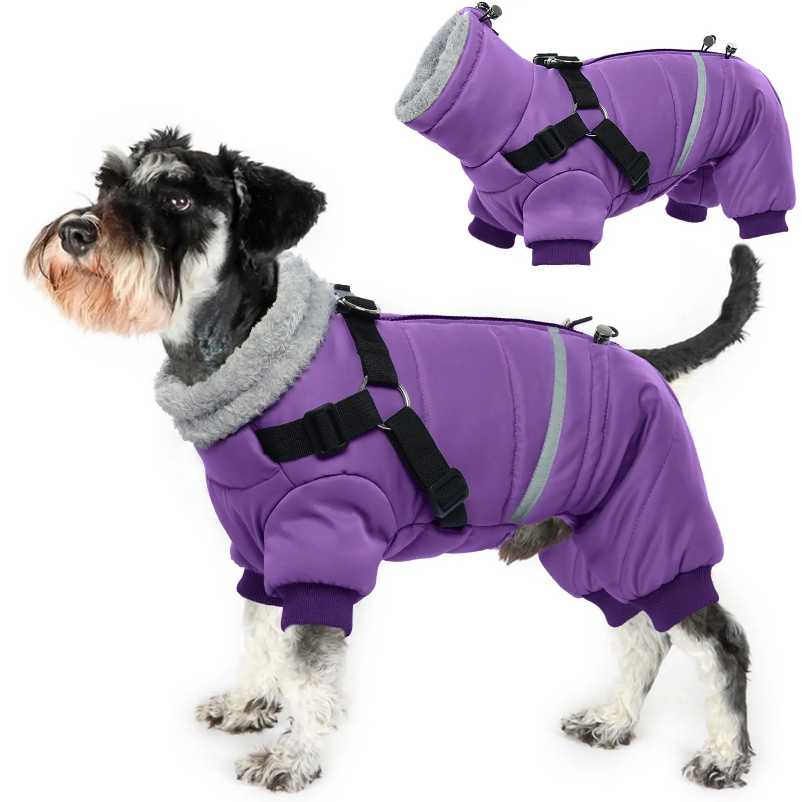Giacca con Imbracatura Cani, Cappottino Impermeabile per Cani Piumino Cani Antivento Riflettente Cappotto Fleece Invernale per Cani(Viola, L) - immagine 1