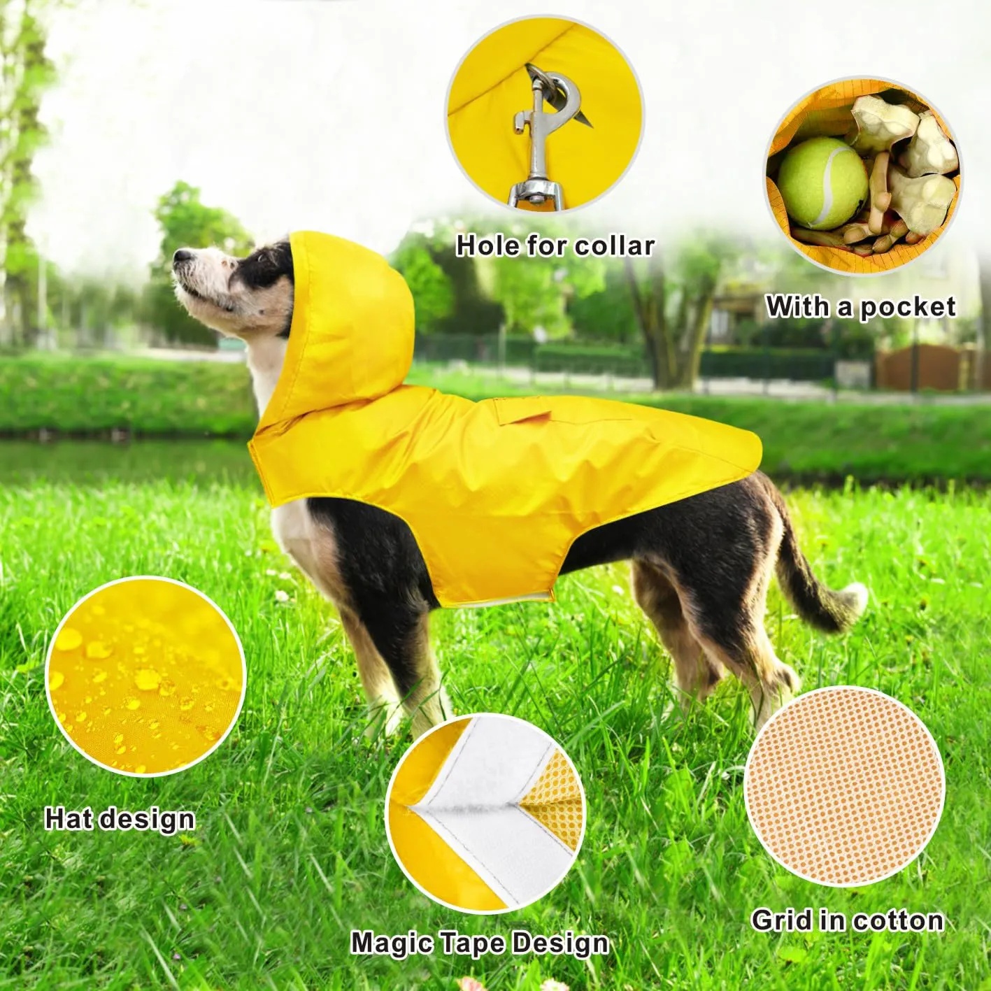 Idepet - Mantella per cani con cappuccio e foro per il collare, impermeabile e riflettente, per cani di piccola, media e grande taglia (5XL, Giallo) - immagine 5