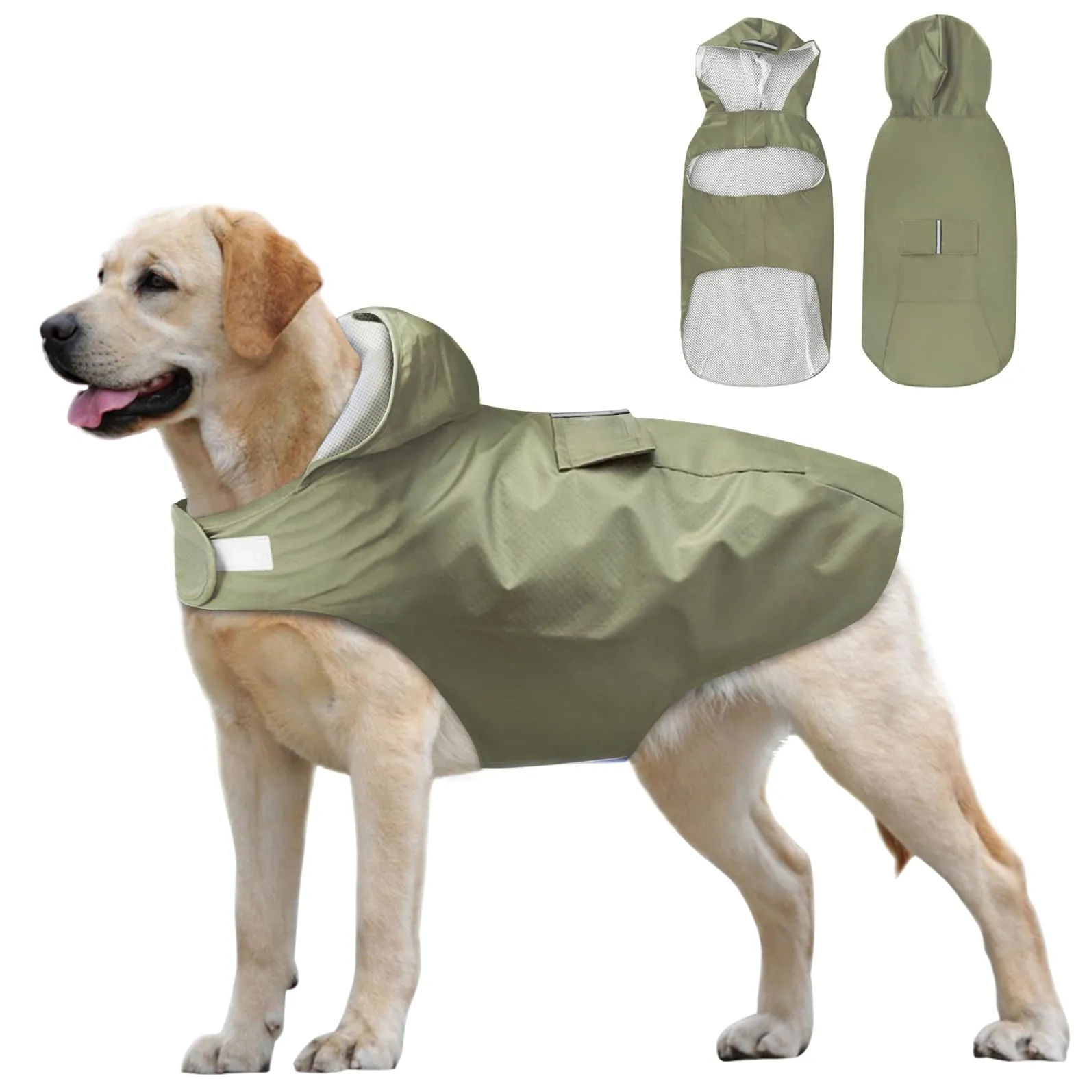 Idepet - Mantella per cani con cappuccio e foro per il collare, impermeabile e riflettente, per cani di piccola, media e grande taglia (S, Verde) - immagine 1