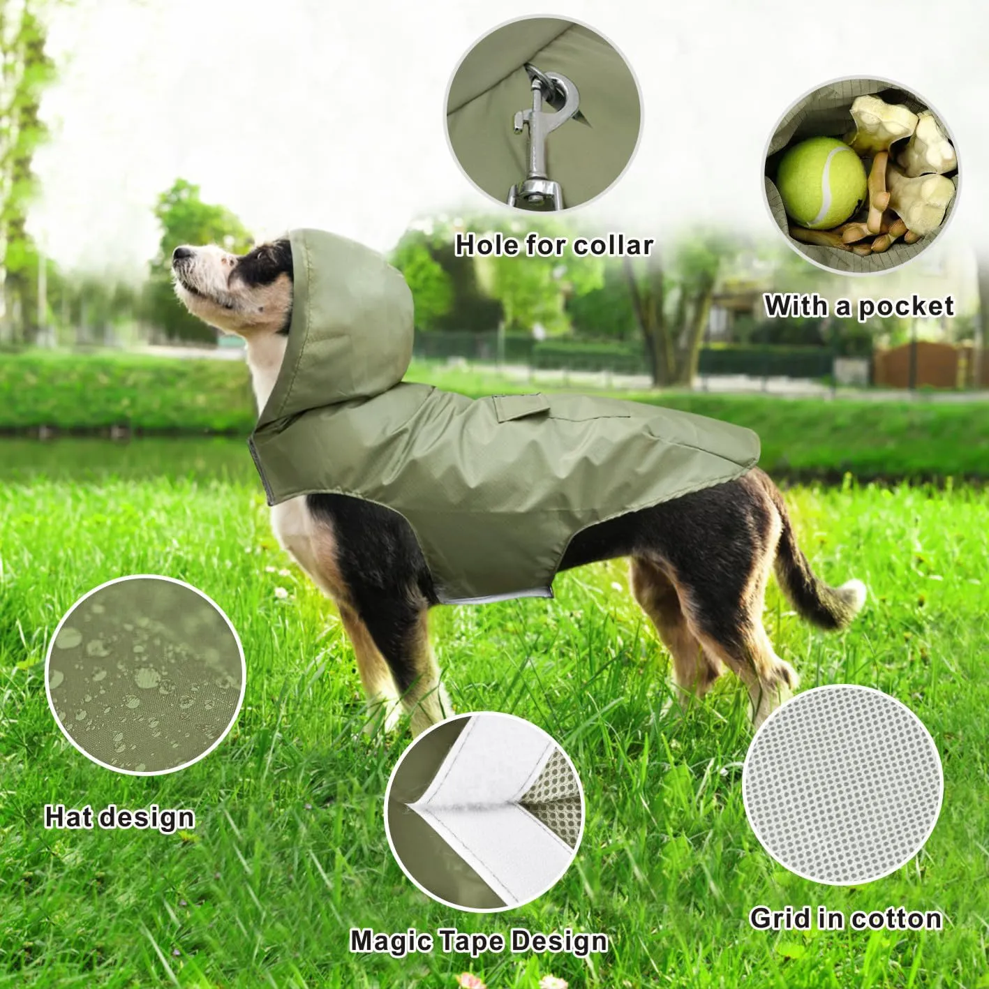 Idepet - Mantella per cani con cappuccio e foro per il collare, impermeabile e riflettente, per cani di piccola, media e grande taglia (S, Verde) - immagine 5