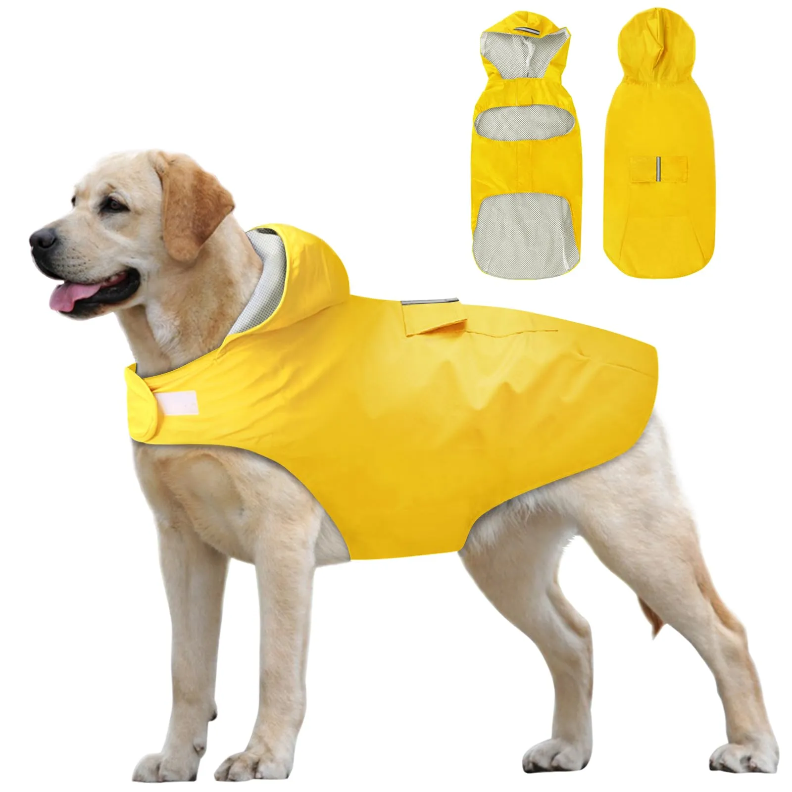 Idepet - Mantella per cani con cappuccio e foro per il collare, impermeabile e riflettente, per cani di piccola, media e grande taglia (3XL, Giallo) - immagine 1
