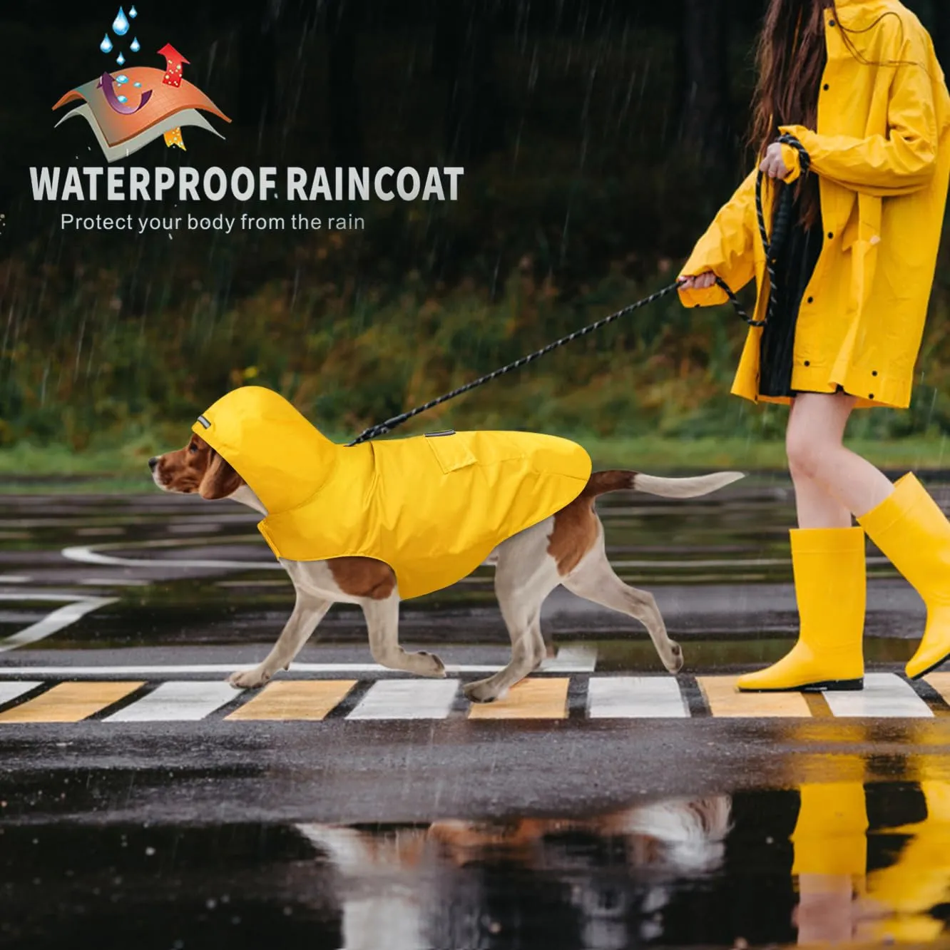Idepet - Mantella per cani con cappuccio e foro per il collare, impermeabile e riflettente, per cani di piccola, media e grande taglia (3XL, Giallo) - immagine 7