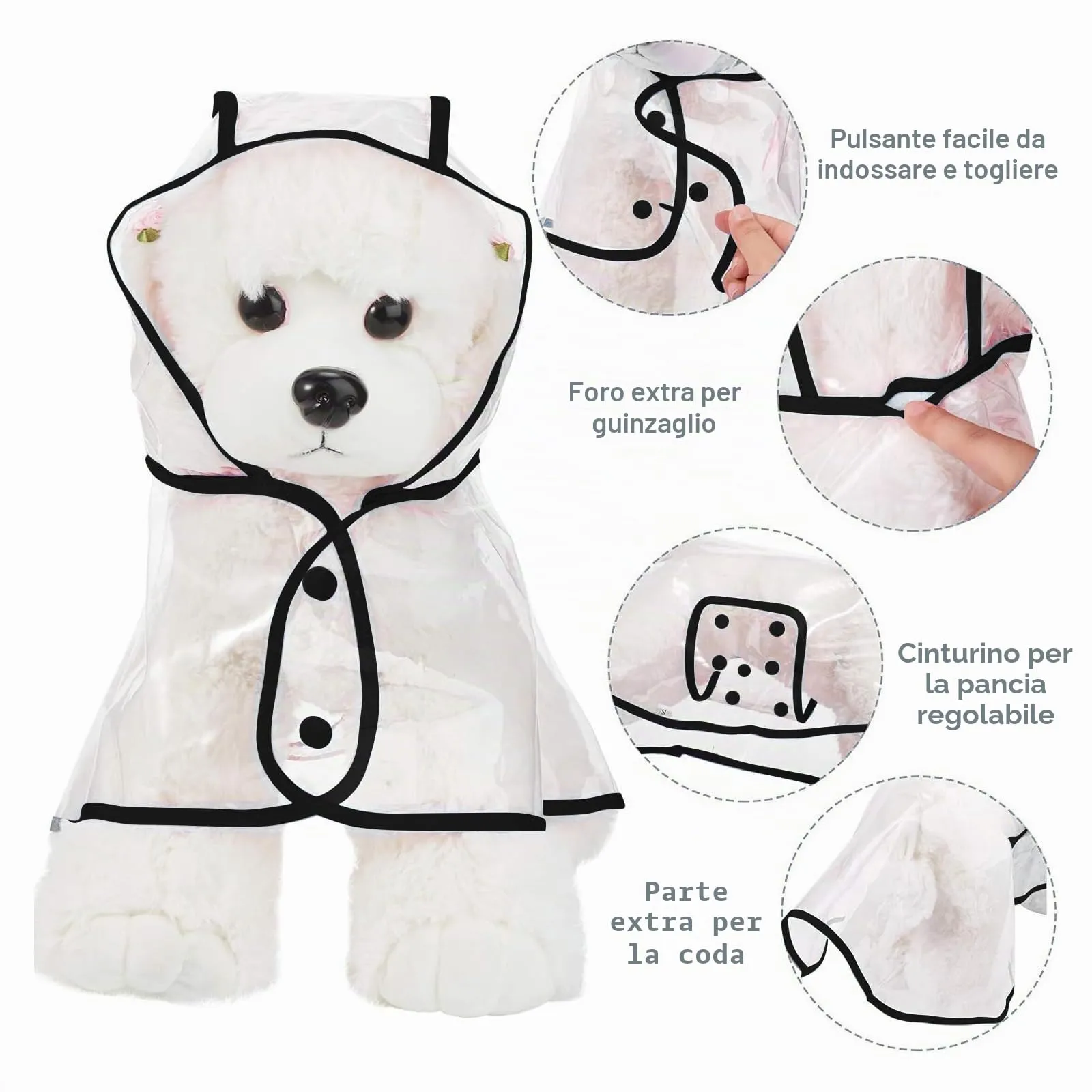 PETCUTE Impermeabile Cane con Cappuccio,Ultraleggero,Impermeabile per Cani PVC Trasparente con Chiusura a Bottoni,Cappottino Antipioggia Poncho per Cani Taglia Piccola e Media - immagine 4