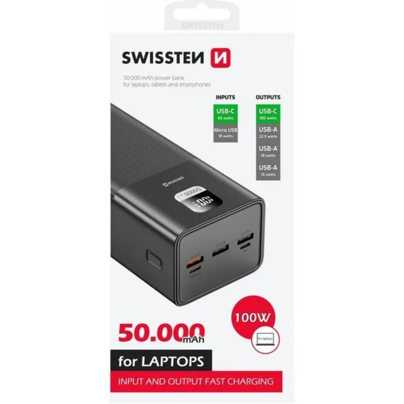 Powerbank Swissten 22013942 50000 mAh 3xUSB-A 2xUSB-C Ricarica Rapida LCD Nero - immagine 1