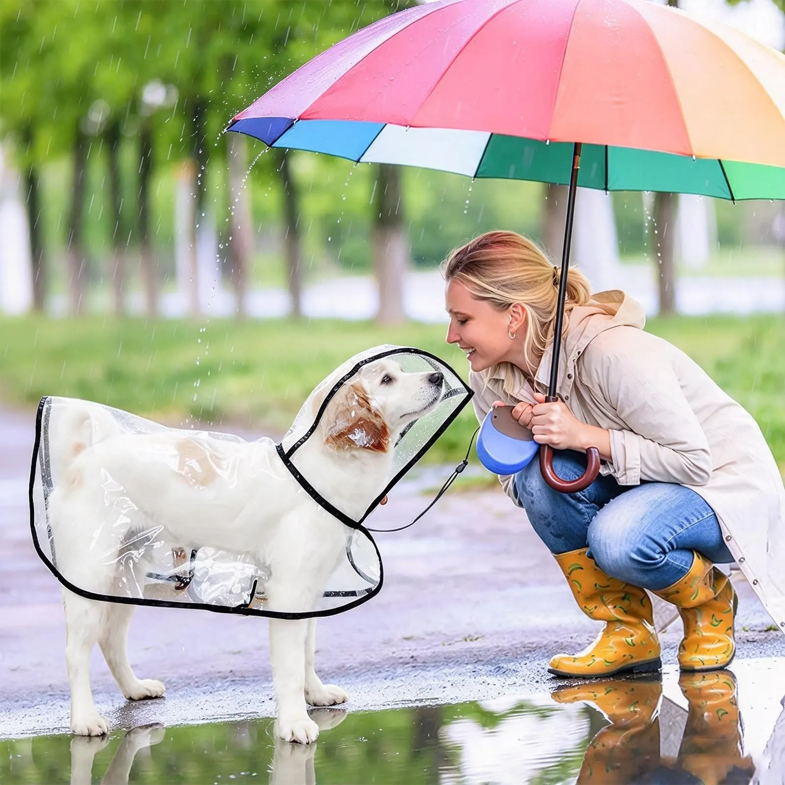 PETCUTE Impermeabile Cane con Cappuccio,Ultraleggero,Impermeabile per Cani PVC Trasparente con Chiusura a Bottoni,Cappottino Antipioggia Poncho per Cani Taglia Piccola e Media - immagine 2