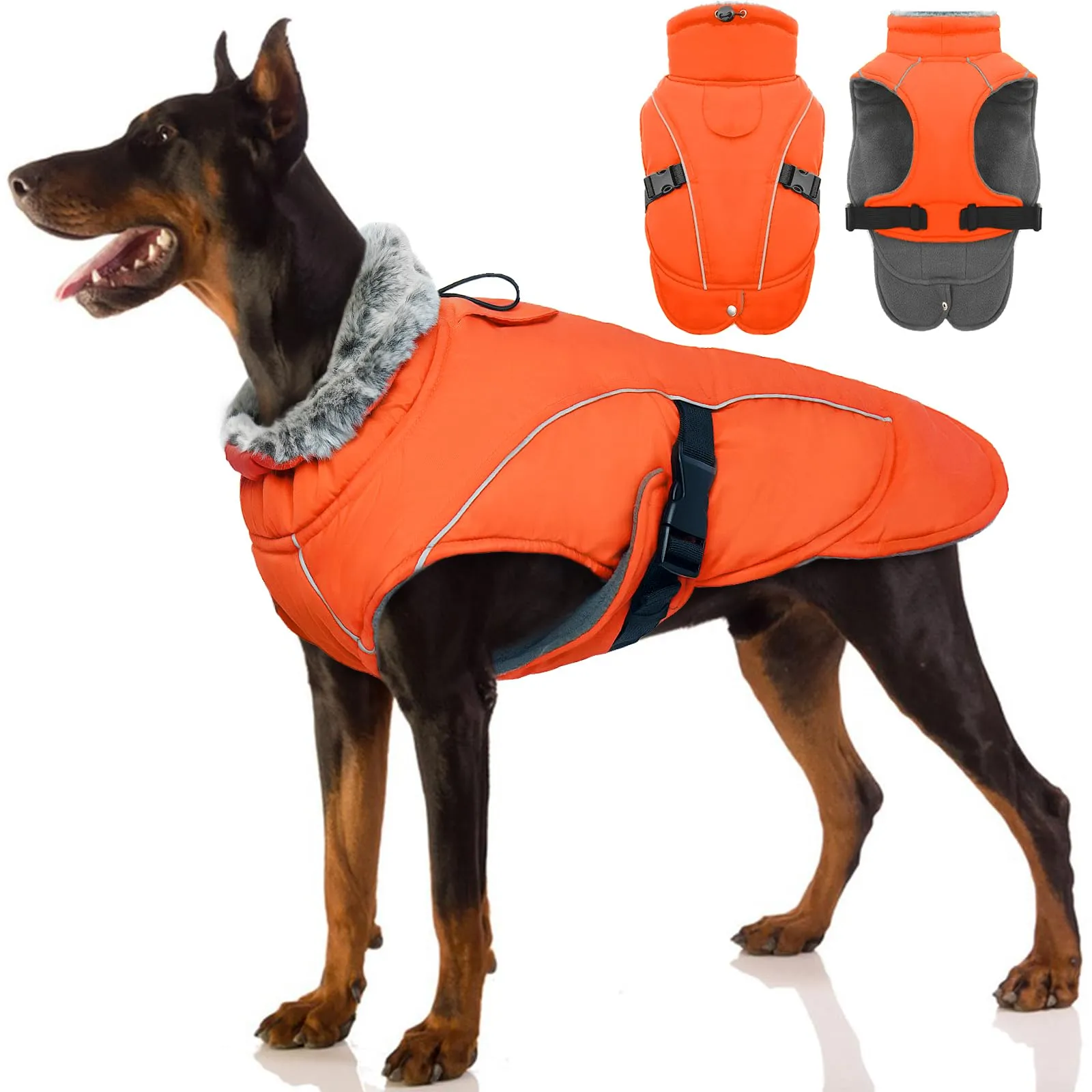 Cappotto invernale per cani, impermeabile e caldo, gilet imbottito in pile spesso, resistente alla neve, arancione, L - immagine 1
