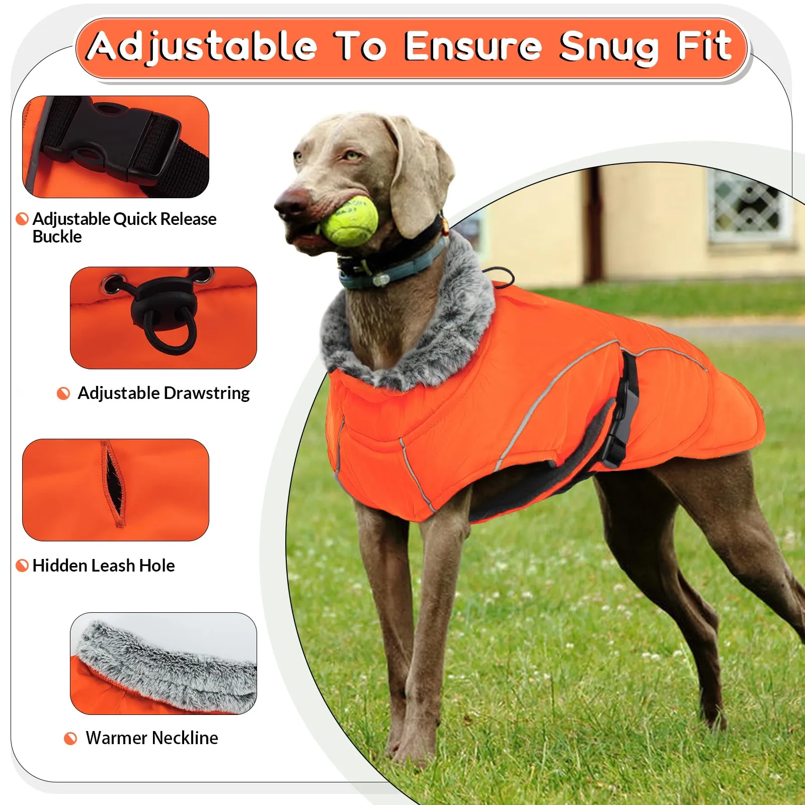 Giacca Impermeabile Cani, Giubbotto Antivento Calda Cuccioli Riflettente Cappottino con Fodera in Pile Cani Vestito Invernale Gilet Riflettente per Cani(Arancione, S) - immagine 3