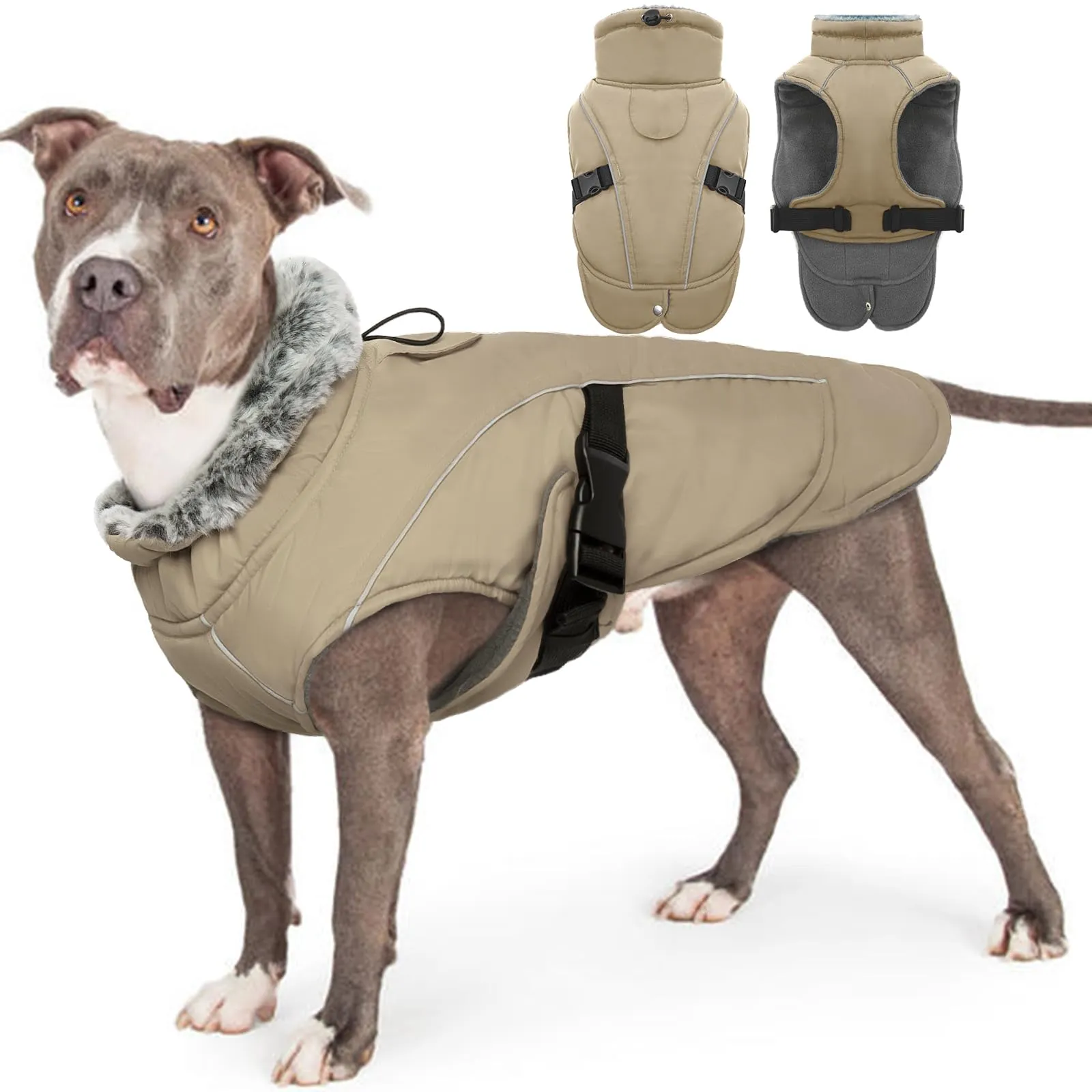 PUMYPOREITY Cappotto Invernale Impermeabile per Cani di Taglia Grande, Riflettente, Foro per Guinzaglio, Khaki, 2XL - immagine 1